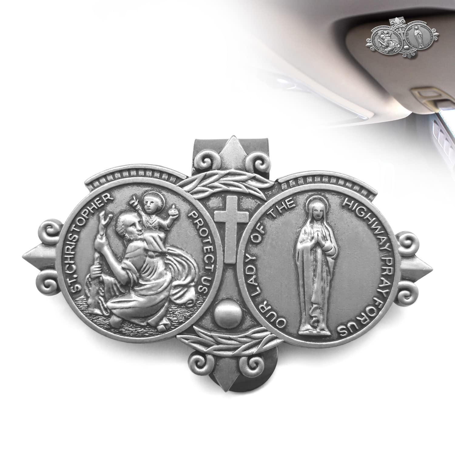 Saint Christopher Medal for Car Visor Clip - Religious Car Travel Accessories for Safe Driving - Perfect Gift for Drivers & Road Trip Protection (Saint Christopher & Our Lady of The Highway) - Ideal for Long Distance Travel, Commuting and Highway Safety