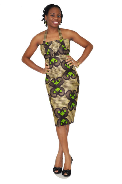 Stylish Brown and Green African Print Halter Dress - Women's Summer Fashion for Beach, Vacation & Casual Wear