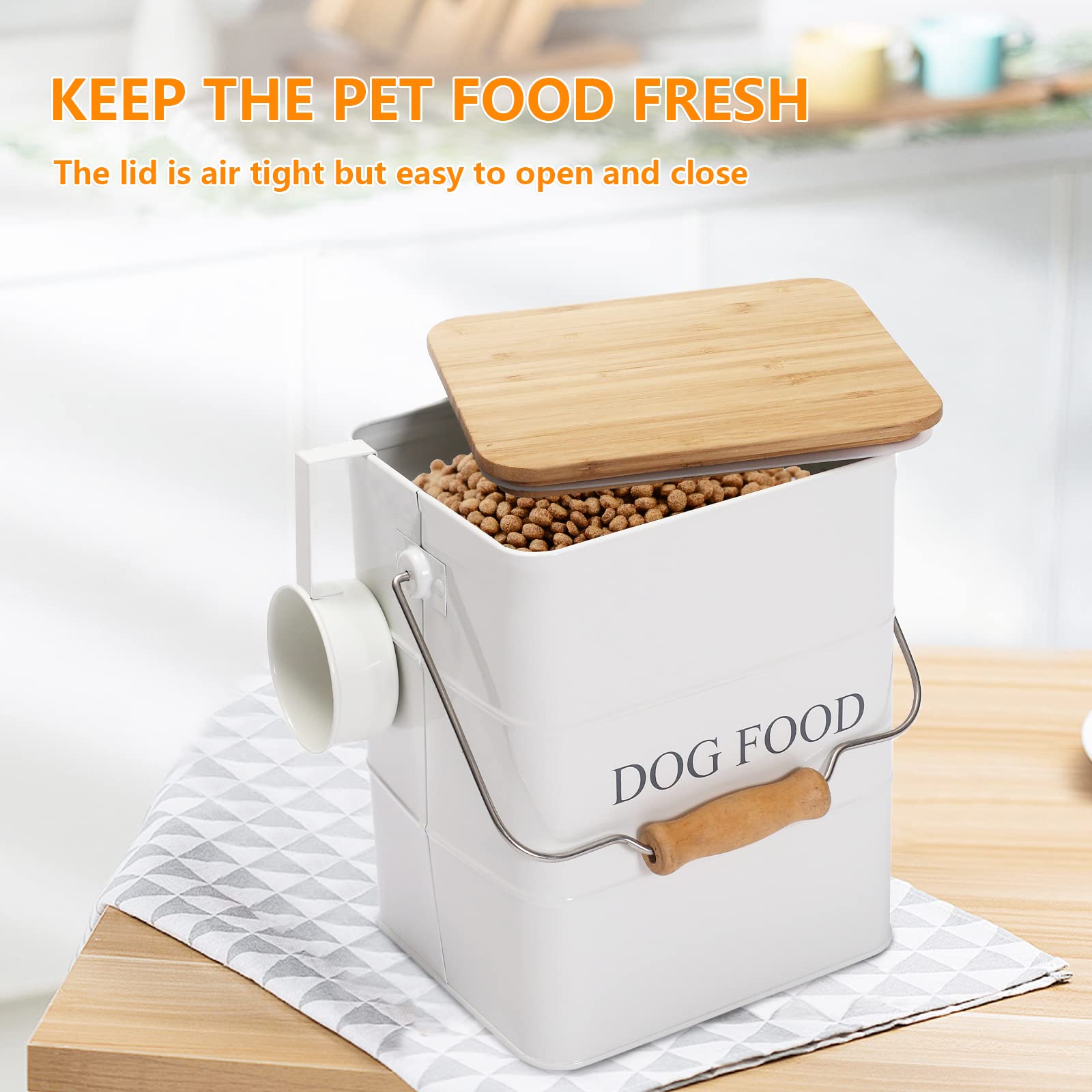 Premium Dog Food Storage Container with Wooden Lid & Scoop - Airtight Carbon Steel Pet Food Bin for Freshness - Ideal for Dry Kibble, Treats & Bulk Storage - Perfect for Home, Travel & Outdoor Use