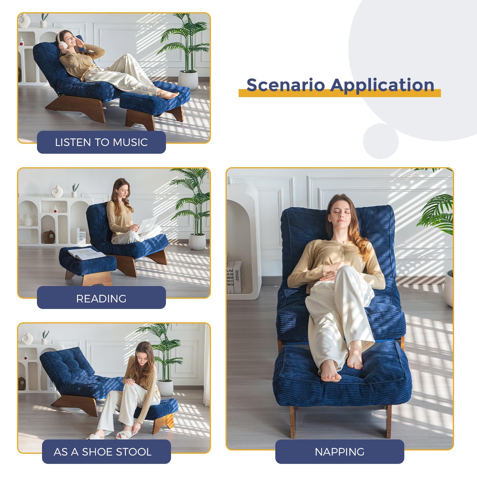 MAXYOYO Adjustable Accent Chair with Ottoman Set - Tufted Lounge Chair in Navy Blue for Living Room, Bedroom & Office - Comfortable Modern Furniture for Relaxing & Reading