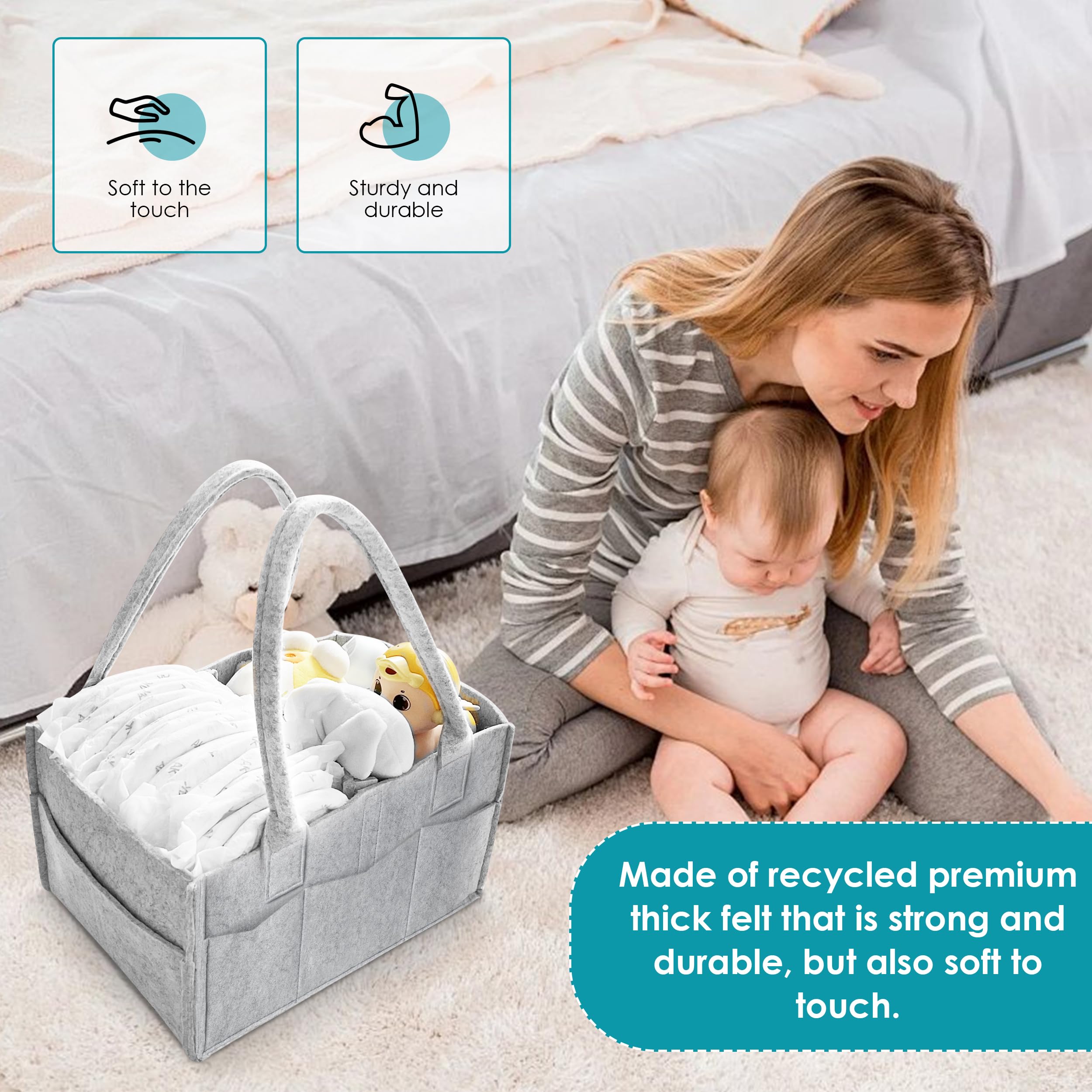 2 Pack Cute Castle Diaper Caddy Organizer - Portable Baby Storage Bin with Handle for Nursery & Car - Baby Gift Basket for Girls & Boys (Grey) - Perfect for Diaper Storage, Baby Essentials & On-the-Go Organization