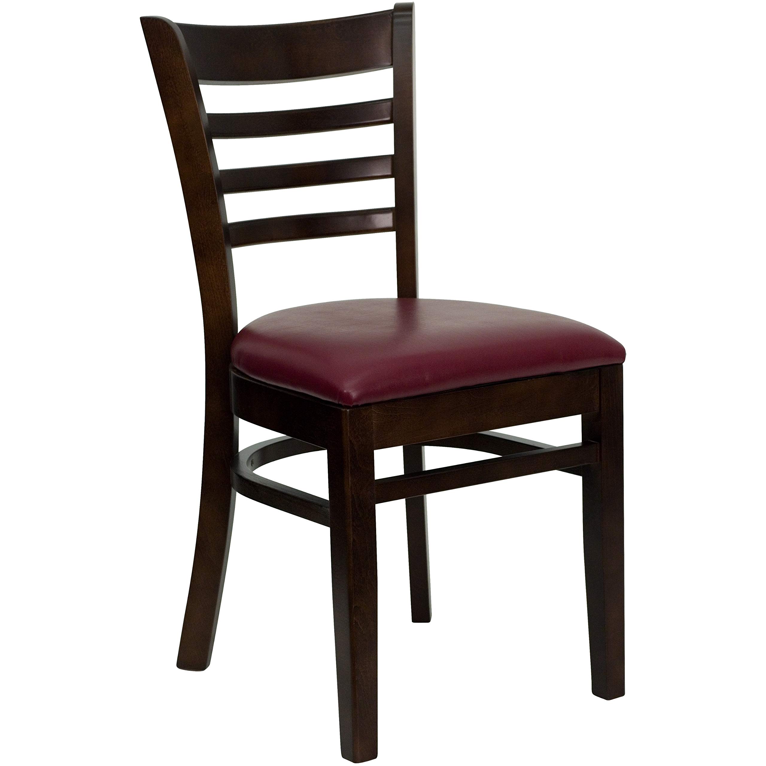 2 Pack Walnut Wood Ladder Back Dining Chairs with Burgundy Vinyl Upholstered Seats - Sturdy Restaurant Chairs for Home Kitchen, Cafe, Bistro & Dining Room