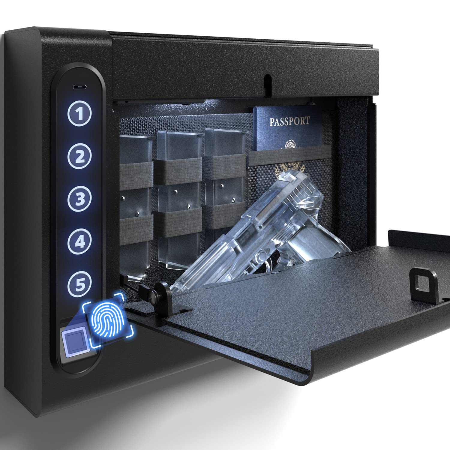 XDeer Biometric Wall Gun Safe for Pistols - Quick Access Fingerprint & Digital Keypad Handgun Safe - Secure Home Storage for 1 Full-Size Pistol - Perfect for Bedside, Closet or Office Protection