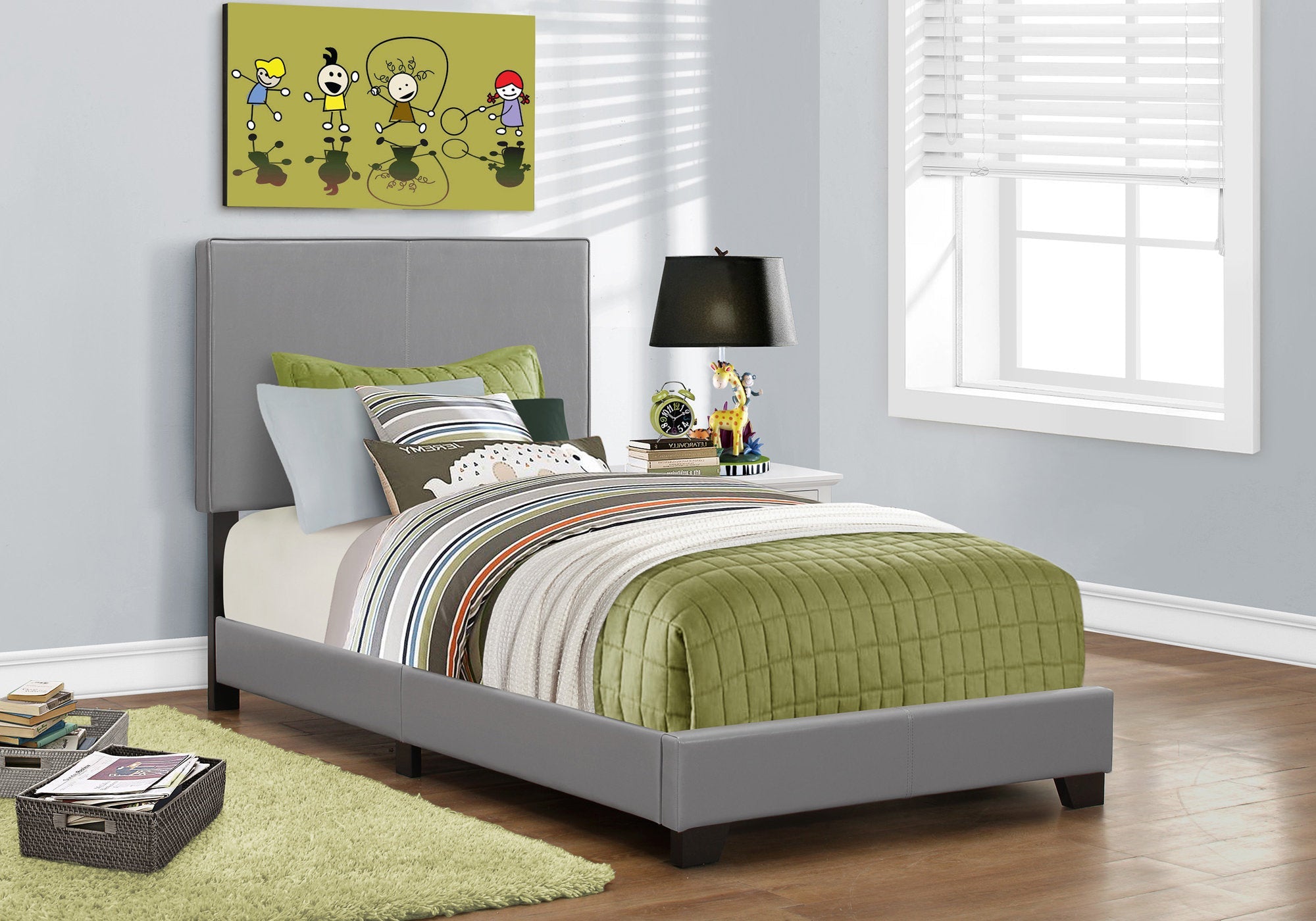 Twin Size Grey Faux Leather Bed Frame - Modern & Durable Bedroom Furniture for Small Spaces, Guest Rooms & Kids Rooms