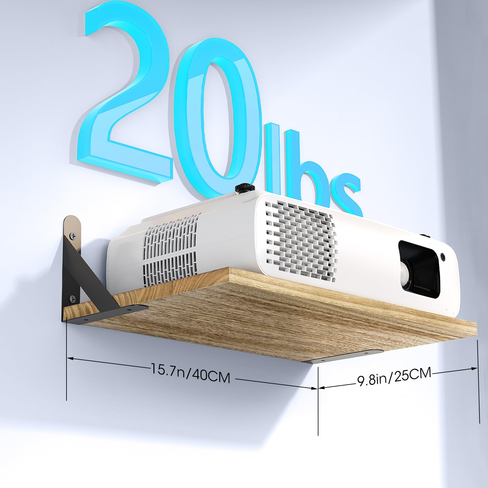 **Floating Projector Shelf Wall Mount - Deep Storage Oak Shelf for Living Room, Kitchen, Office - Perfect for Projectors, Routers & Cable Management**