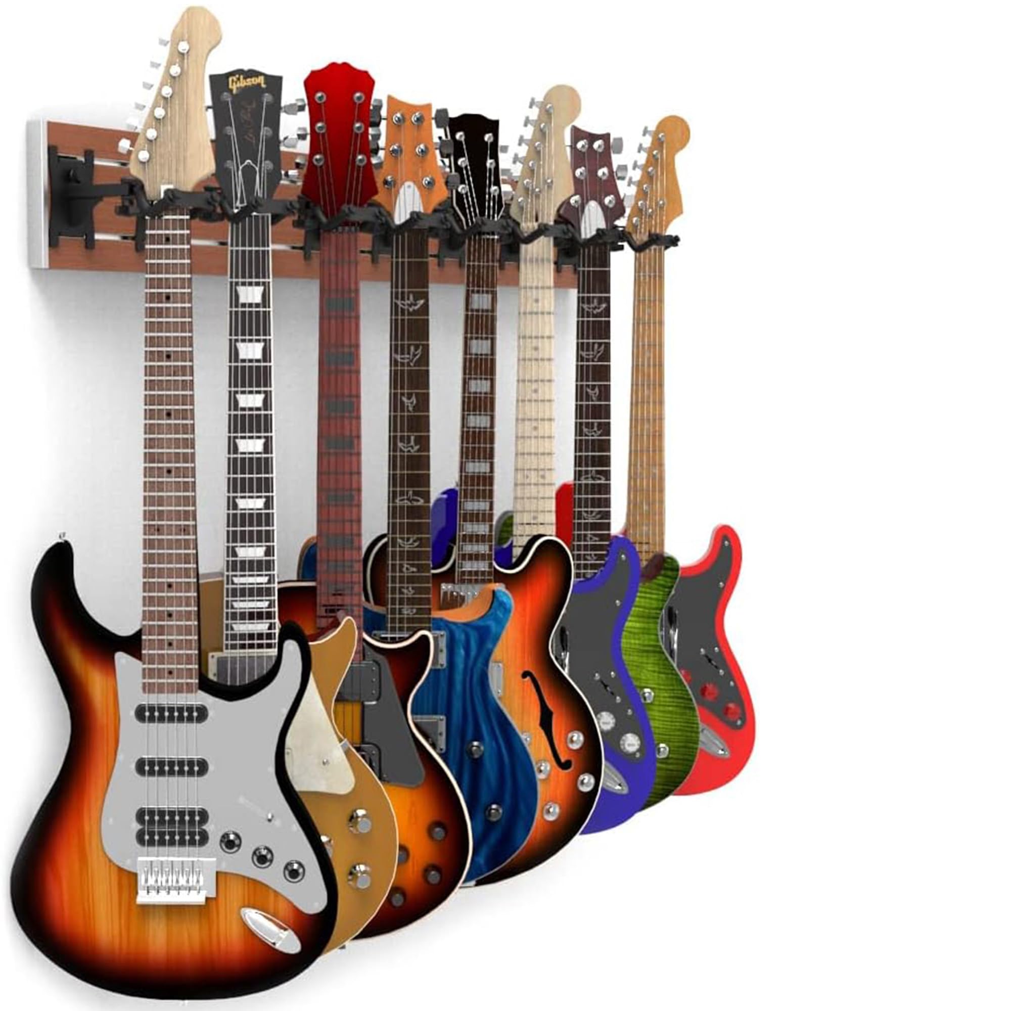 DLDIRECT 48-Inch Cherry Wood Guitar Wall Mount with 8 Locking Hooks - Secure Display for Acoustic, Electric Guitars & Ukuleles - Perfect for Music Studios, Home Decor & Stage Performances