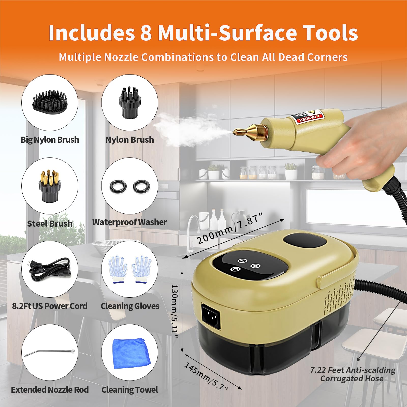 AnRui 2500W Portable Steam Cleaner - High Temperature Pressurized Handheld Steam Cleaner for Home, Kitchen, Bathroom, Car & Outdoor Use - Fast 15-Second Heating with 3 Brush Heads (Beige) - Perfect for Deep Cleaning Floors, Tiles, Grout, Upholstery & Sanitizing Surfaces