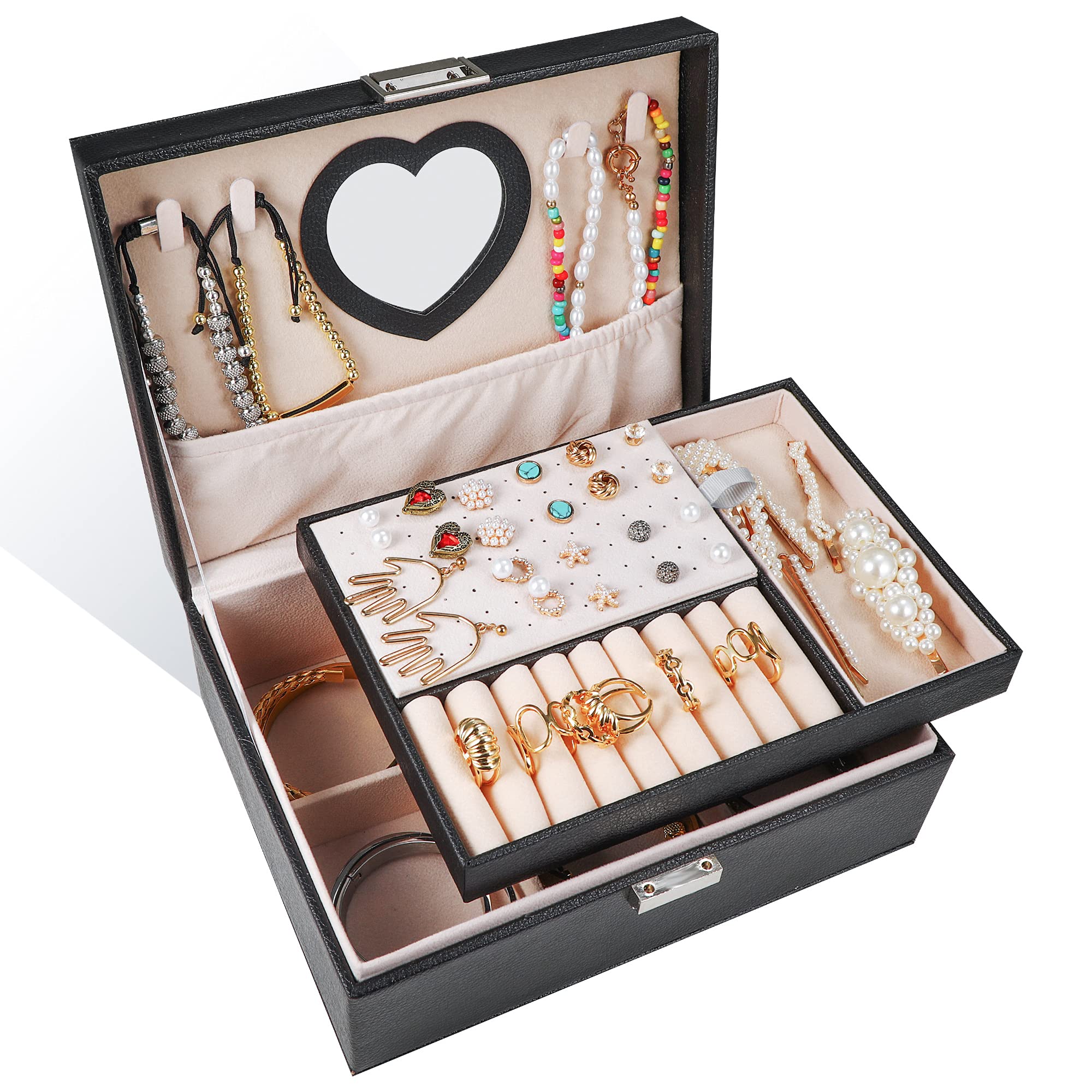 VALUNELL 2-Layer PU Leather Jewelry Box with Lock & Mirror - Heart-Shaped Jewelry Organizer for Girls - Perfect for Travel, Birthday Gifts & Home Storage