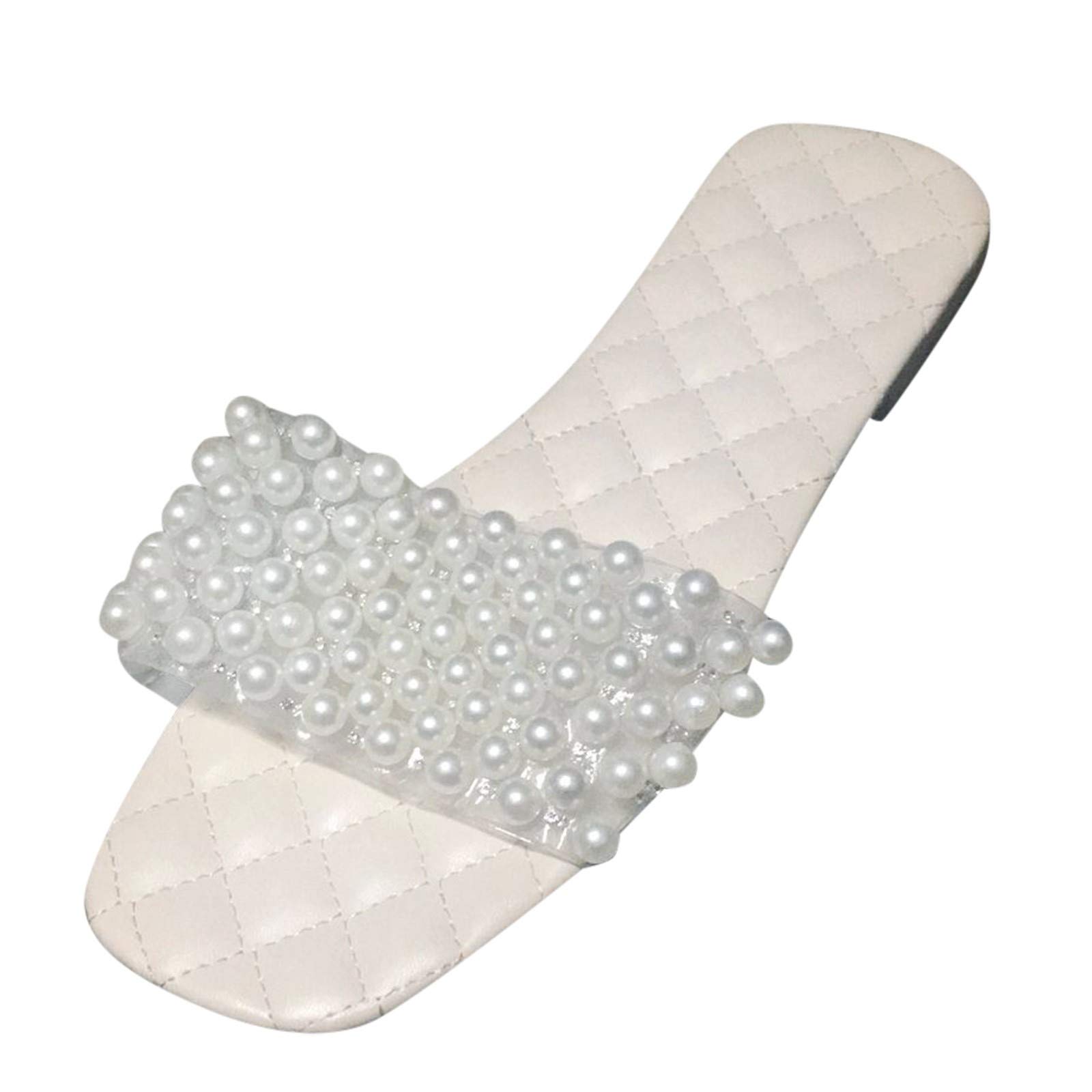 Sparkly Women's Glitter Flat Sandals with White Pearls & Rhinestones - Wide Strap Boho Bling Slide Sandals for Indoor/Outdoor Wear - Perfect for Beach, Pool Parties & Summer Vacations