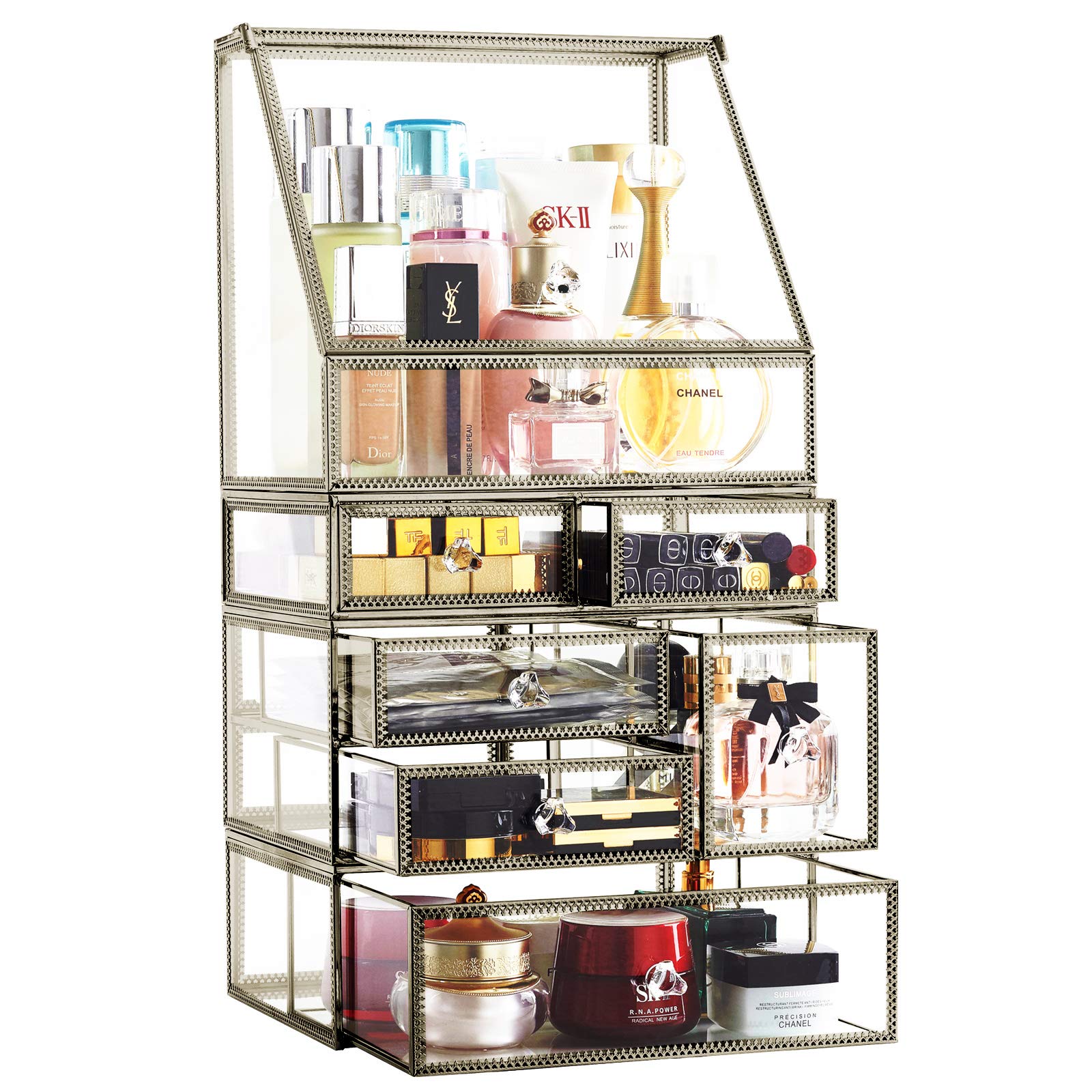 Antique Spacious Mirror Glass Drawers Set - 4-Piece Metal Cosmetic Makeup & Jewelry Storage Organizer with Dustproof Design (Silver) - Perfect for Vanity, Dressing Table, and Bedroom Decor