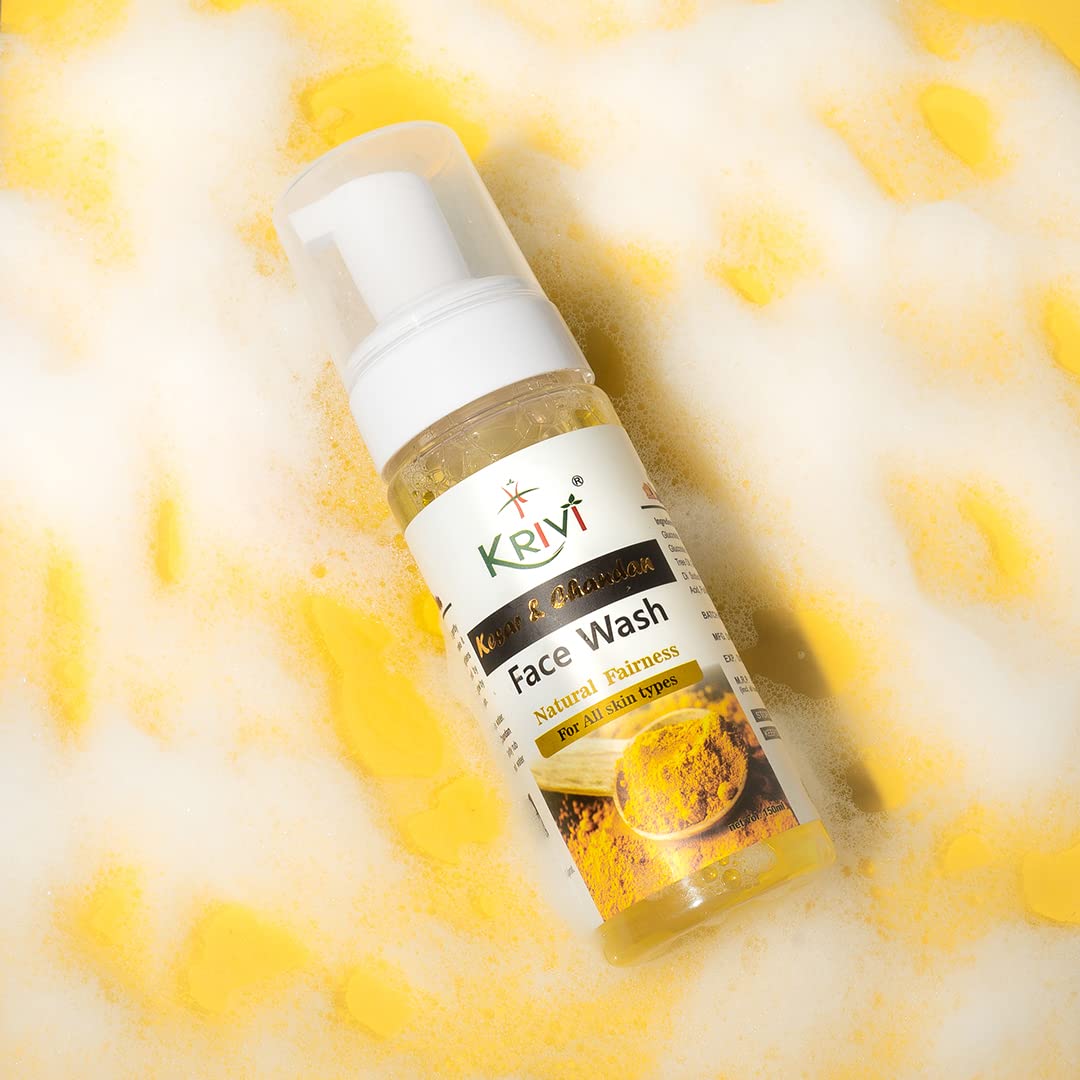 KRIVI Kesar & Chandan Face Wash with Saffron, Sandalwood Oil, Vitamin E, Tea Tree Oil & Vitamin B5 - Paraben Free 150ml for Natural Glow & Brightening | Daily Skincare for Oily, Dry & Combination Skin