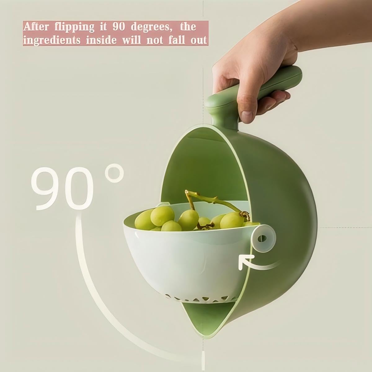 2-in-1 Rotating Kitchen Colander with Handle - Pasta Strainer & Fruit Washing Bowl - Avocado Green - Perfect for Washing Vegetables, Draining Pasta, and Rinsing Berries