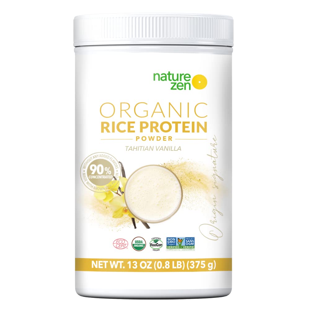 Organic Vegan Protein Powder - Nature Zen Rice Protein, Sugar-Free, Dairy-Free, Soy-Free, Gluten-Free, Non-GMO, Kosher, High Fiber (0.8LB, Tahitian Vanilla) | Perfect for Smoothies, Baking & Post-Workout Recovery