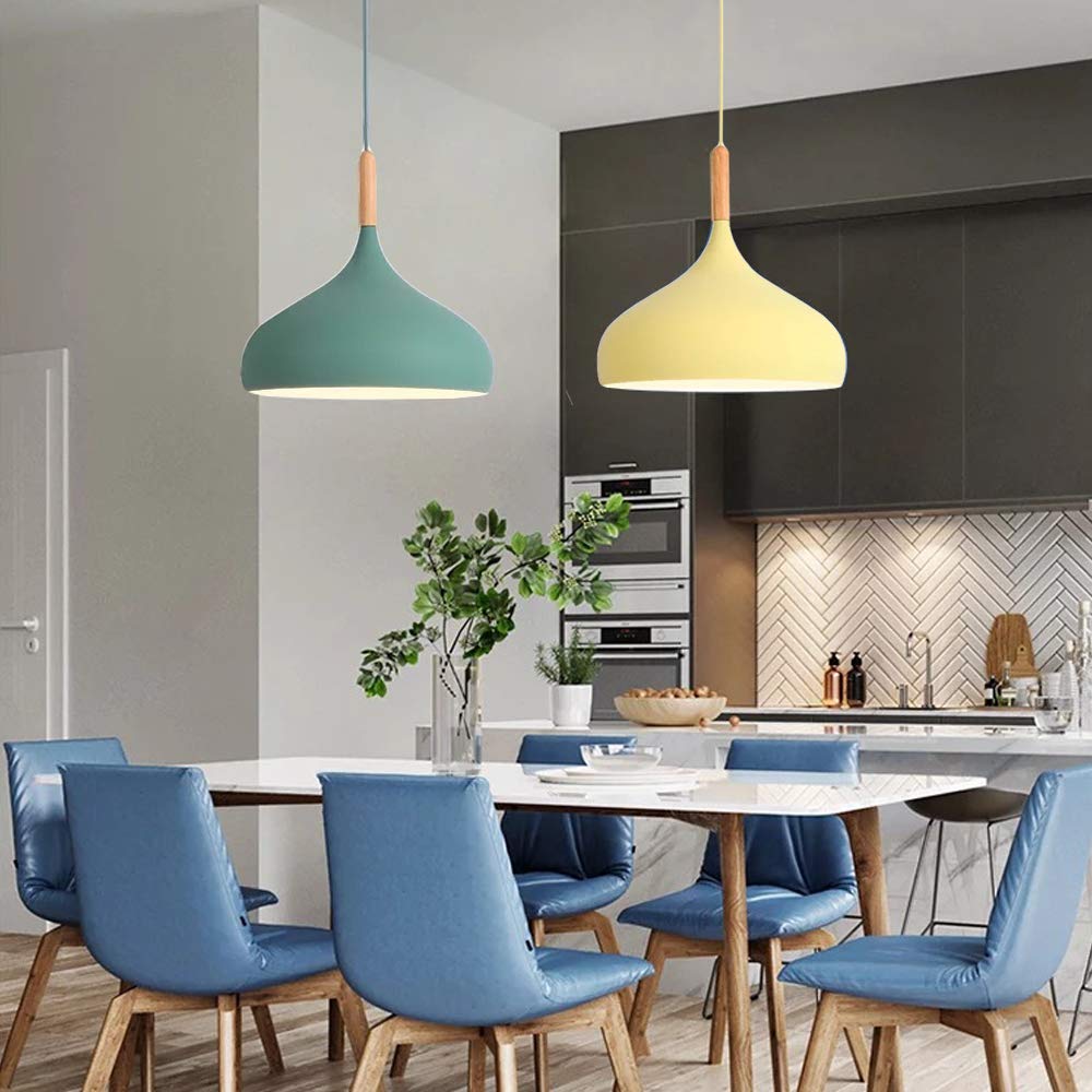 3-Pack Wooden Handle Pendant Light with 15ft Plug-in Cord & UL On/Off Dimmer Switch - Macaron Green Lampshade, Nordic Minimalist Loft Style Lighting Fixtures for Living Room, Bedroom, Kitchen & Dining Area