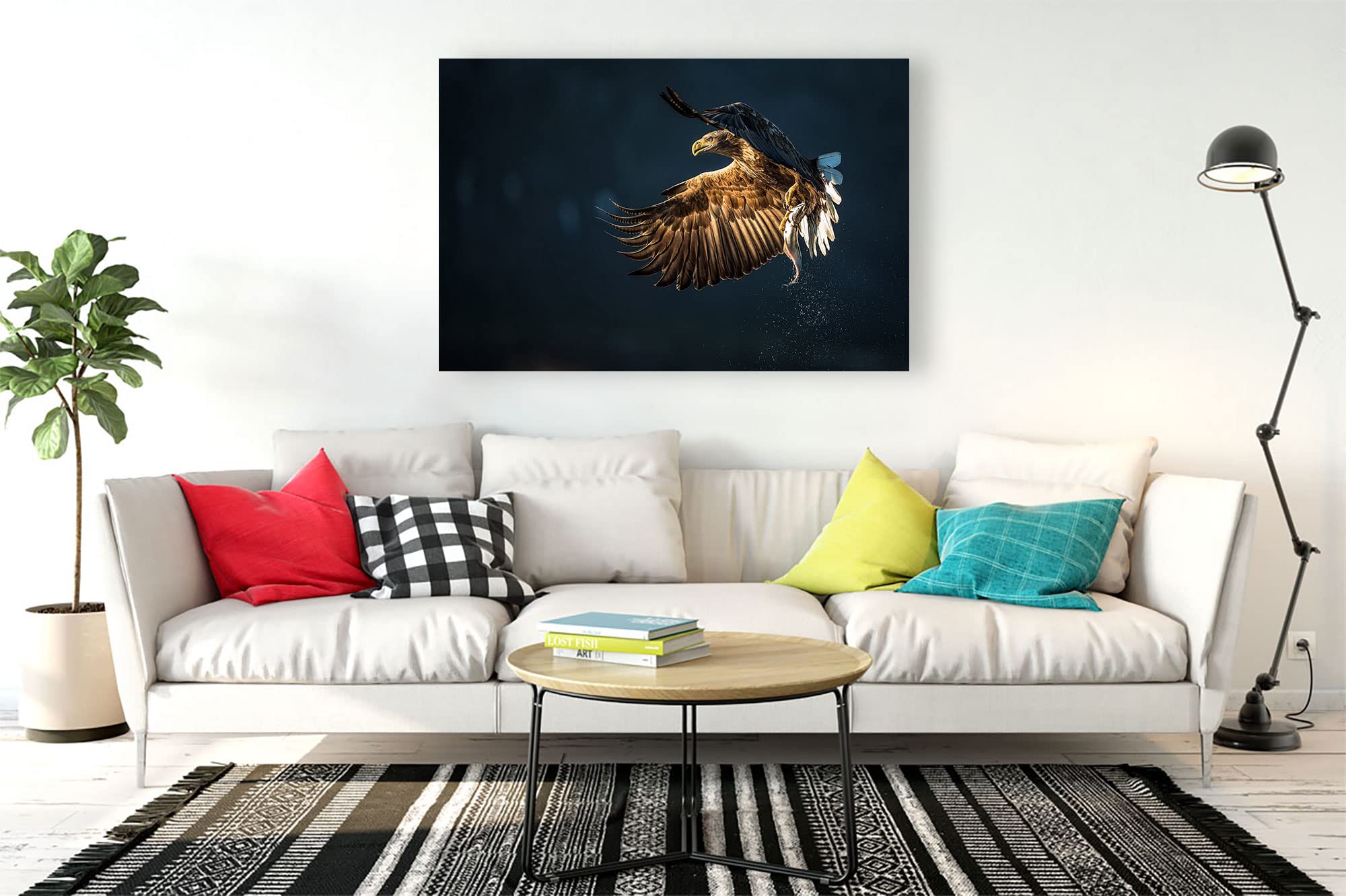 Eagle Bird Catching Fish Canvas Wall Art - Framed & Ready to Hang - 30x40 Inches - Nature Wildlife Home Decor for Living Room, Bedroom, Kitchen & Office