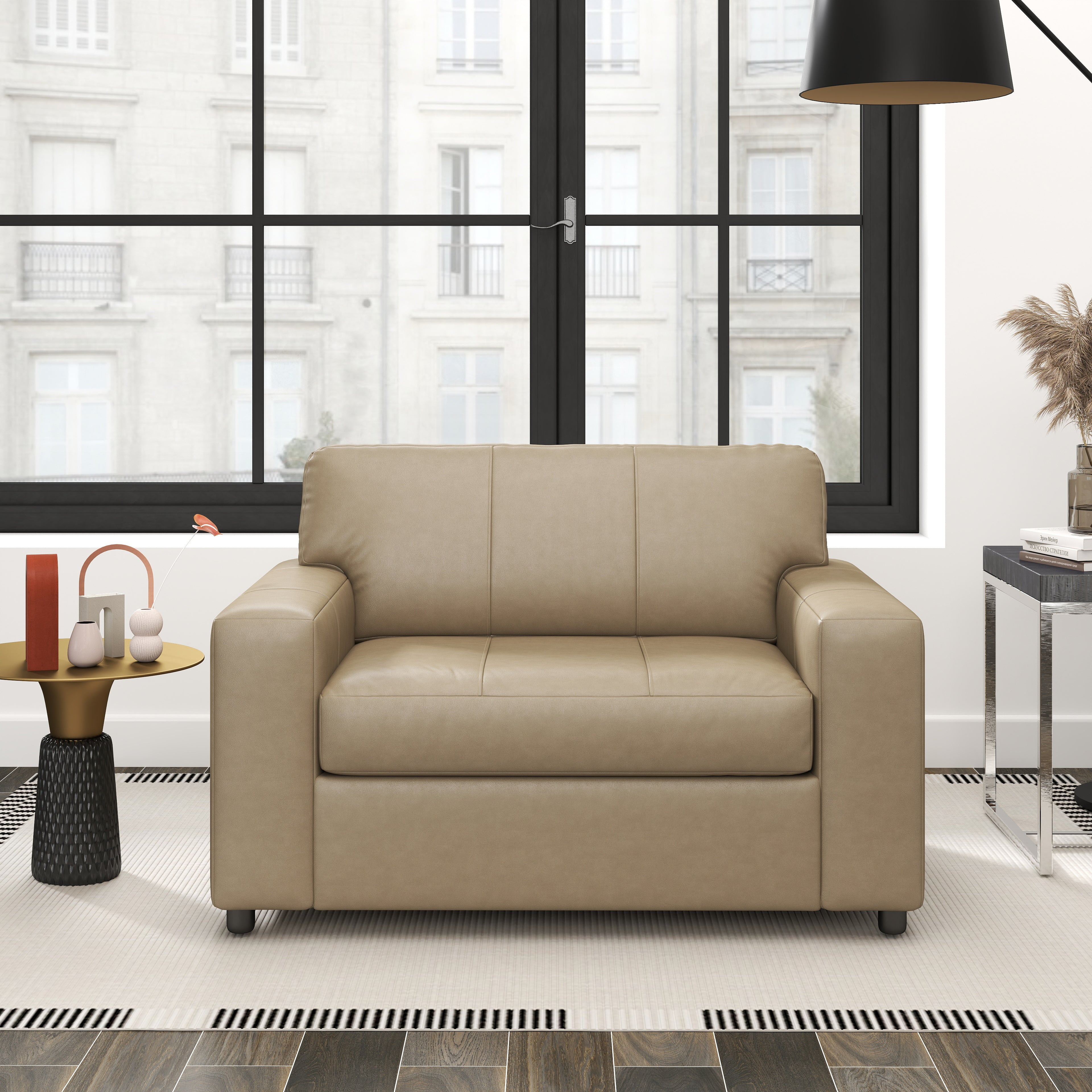 Roundhill Furniture Sakan Genuine Leather Upholstered Living Room Set - Sofa, Loveseat & Chair - Modern Sectional Couch for Home Theater, Family Room & Lounge Areas