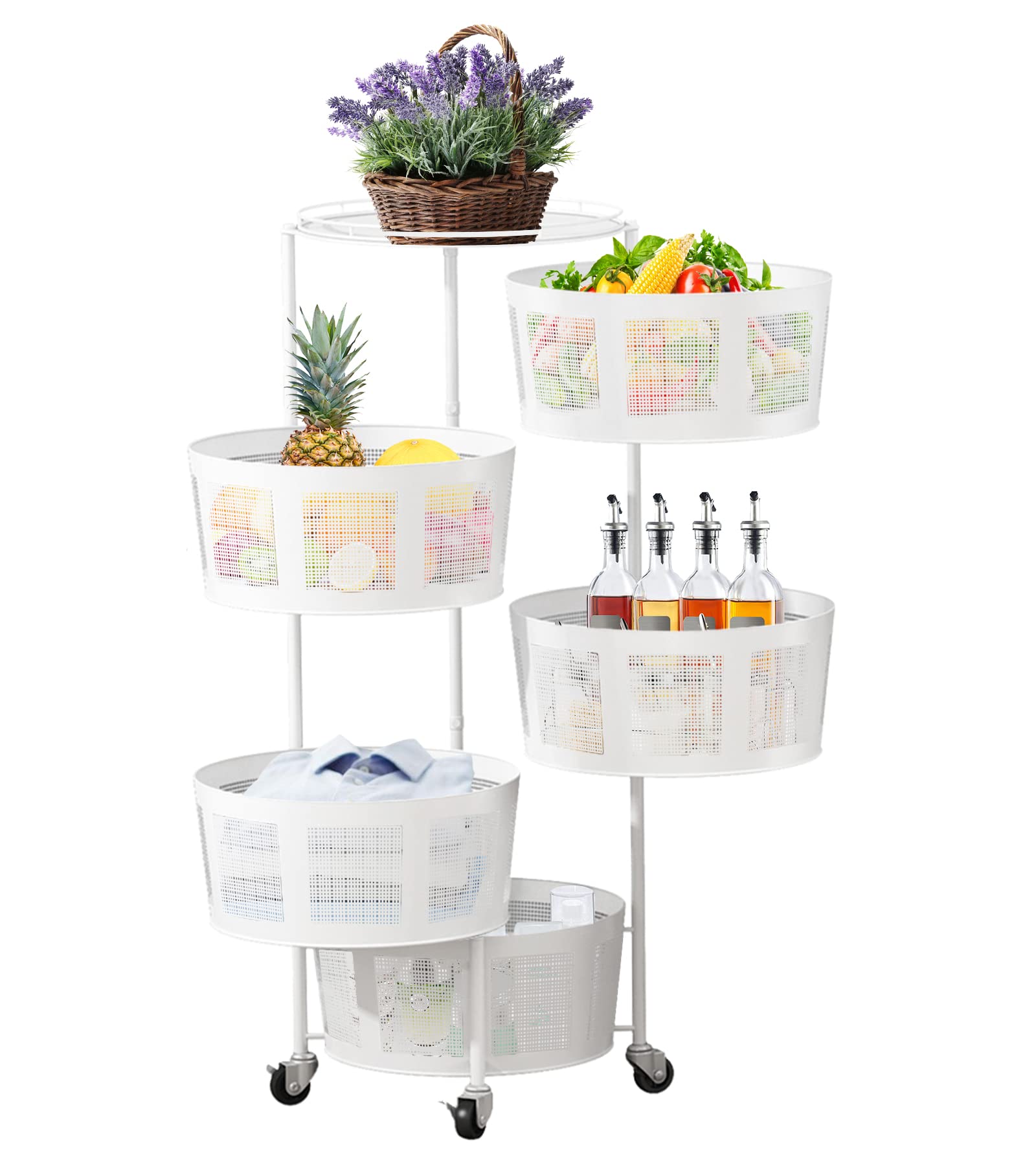 5-Tier Rotating Storage Rack with Metal Shelves - Kitchen Organizer for Fruits, Vegetables & Snacks | Space-Saving Rolling Cart for Pantry, Bathroom & Bedroom Organization | White