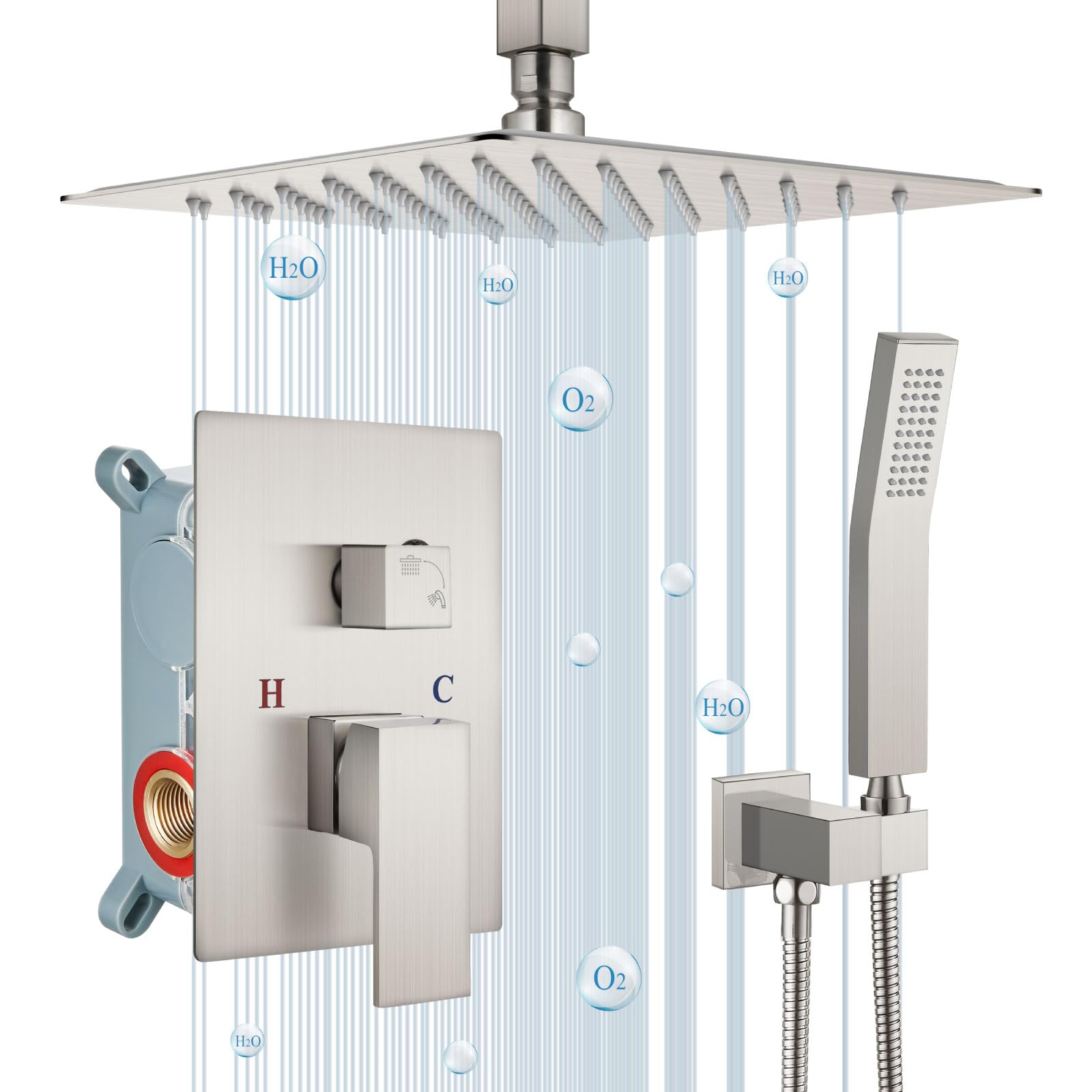 Airuida Brushed Nickel Ceiling Mount Shower System - 10 Inch Square Rainfall Shower Head with 2-Function High Pressure Shower Combo, Rough-in Valve & Brass Handheld Shower Faucet Set for Luxurious Bathroom Upgrade | Perfect for Modern Home, Spa, and Hotel Bathrooms