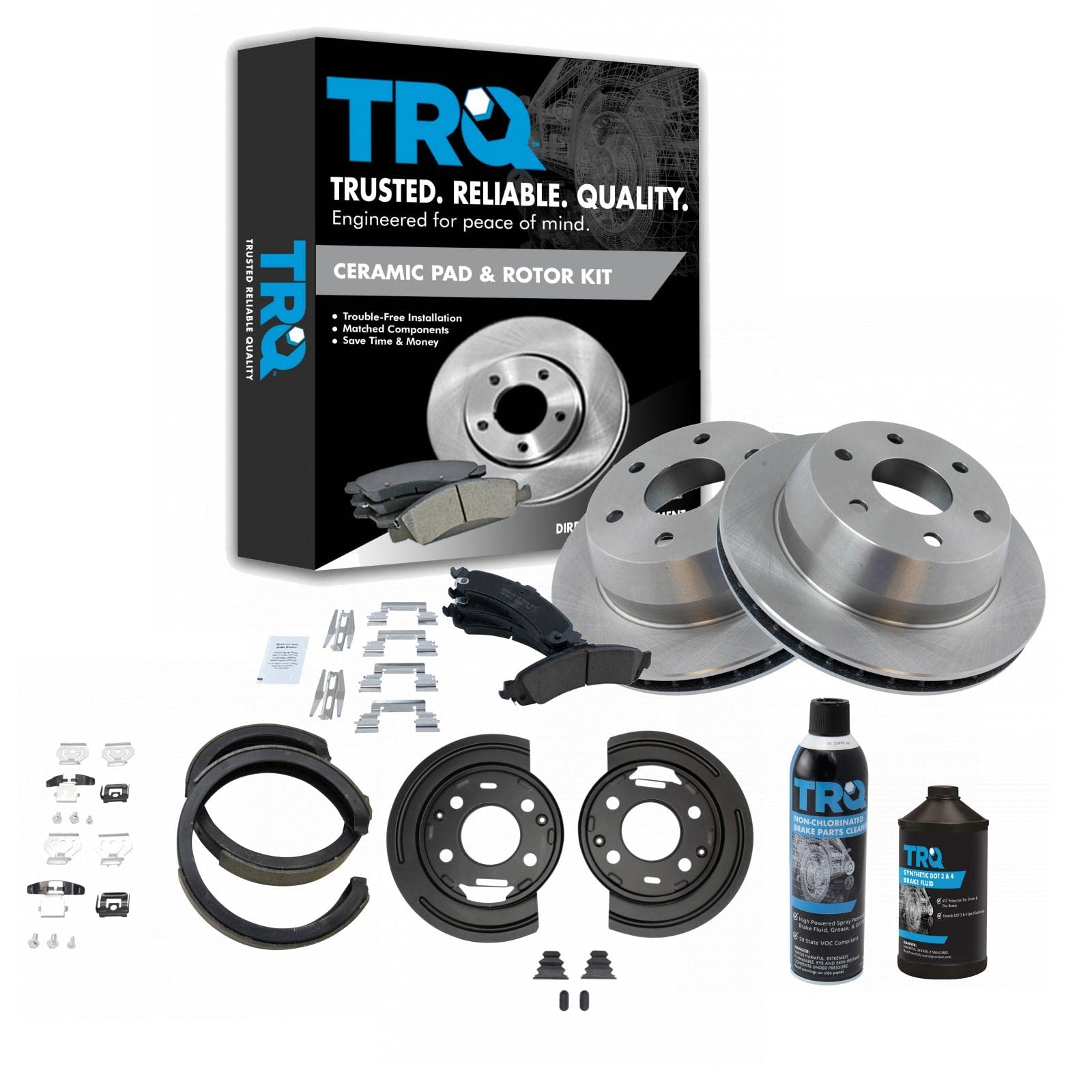 TRQ Rear Ceramic Brake Pads & Rotors Kit with Parking Shoes, Backing Plates and Brake Fluids for GM Vehicles - Perfect for Smooth Braking Performance in Daily Commute, Highway Driving and Towing