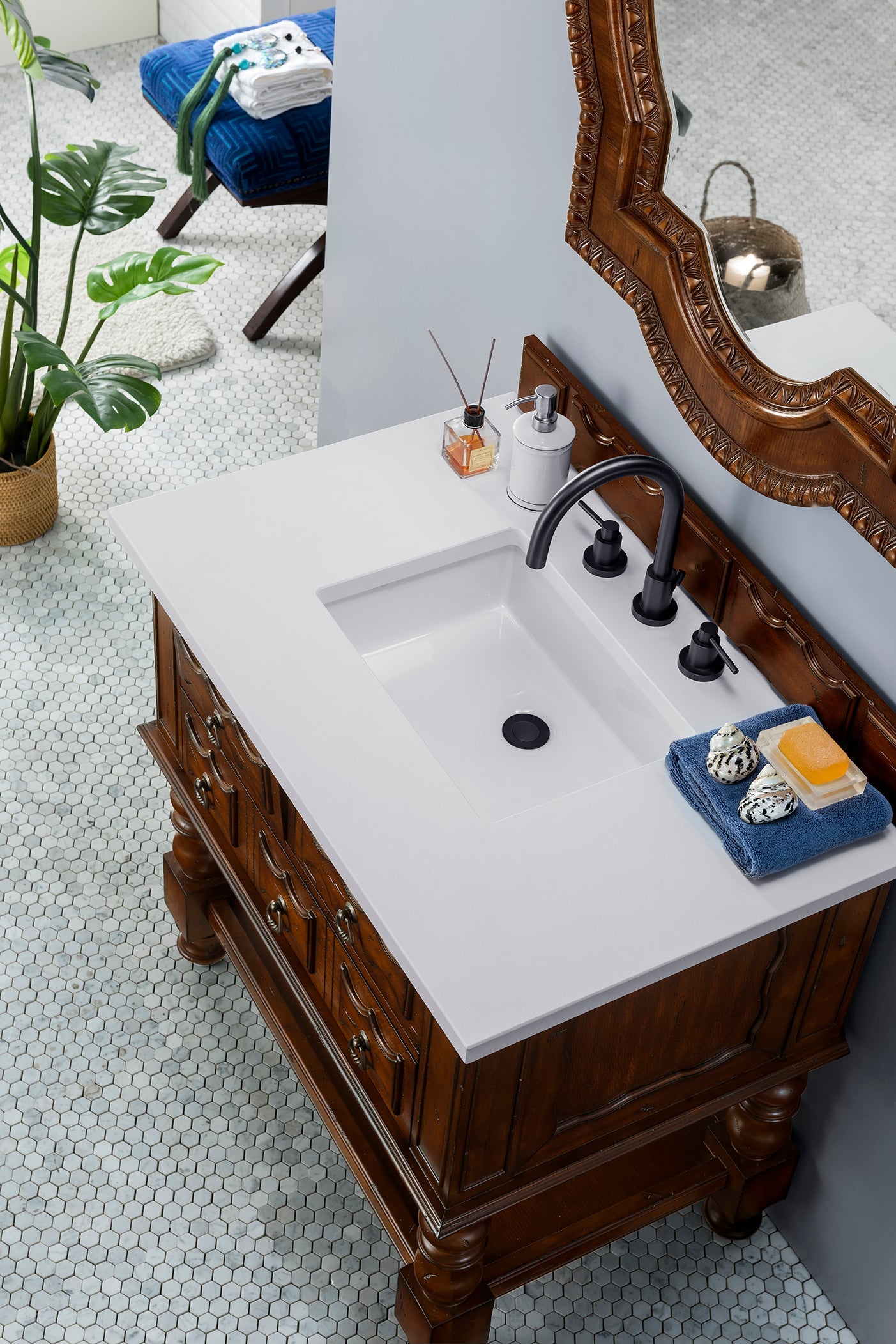 Castilian 36 Inch Single Bathroom Vanity Cabinet in Aged Cognac with 3CM Classic White Quartz Countertop - Perfect for Modern Bathroom Renovations and Home Upgrades