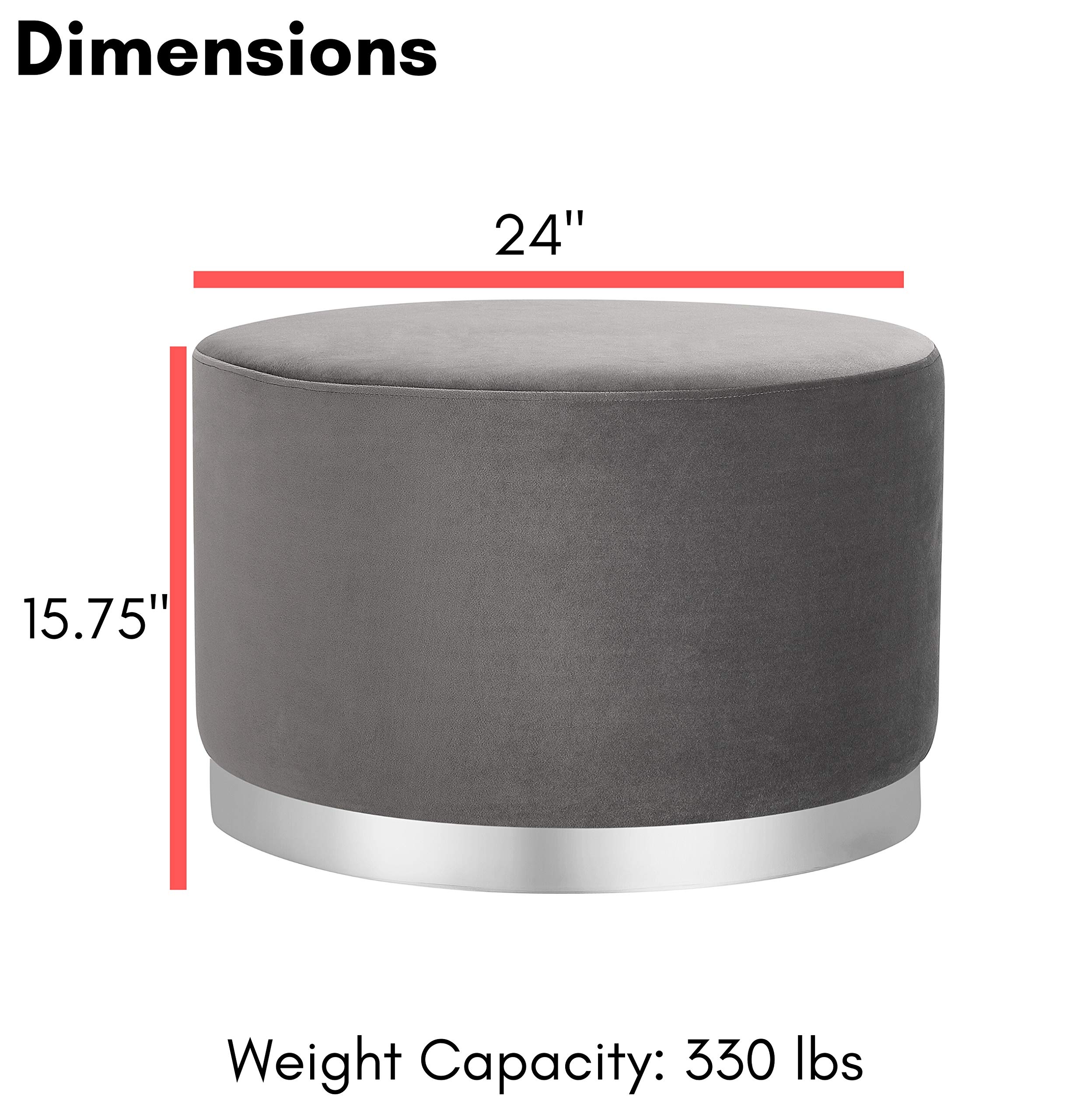 BIRDROCK HOME Large Round Velvet Ottoman Pouf with Silver Trim - Soft Padded Foot Rest Stool for Living Room, Bedroom & Office - Grey Velvet Decor - Perfect as Coffee Table Ottoman, Shoe Storage Seat, Vanity Stool or Desk Footrest