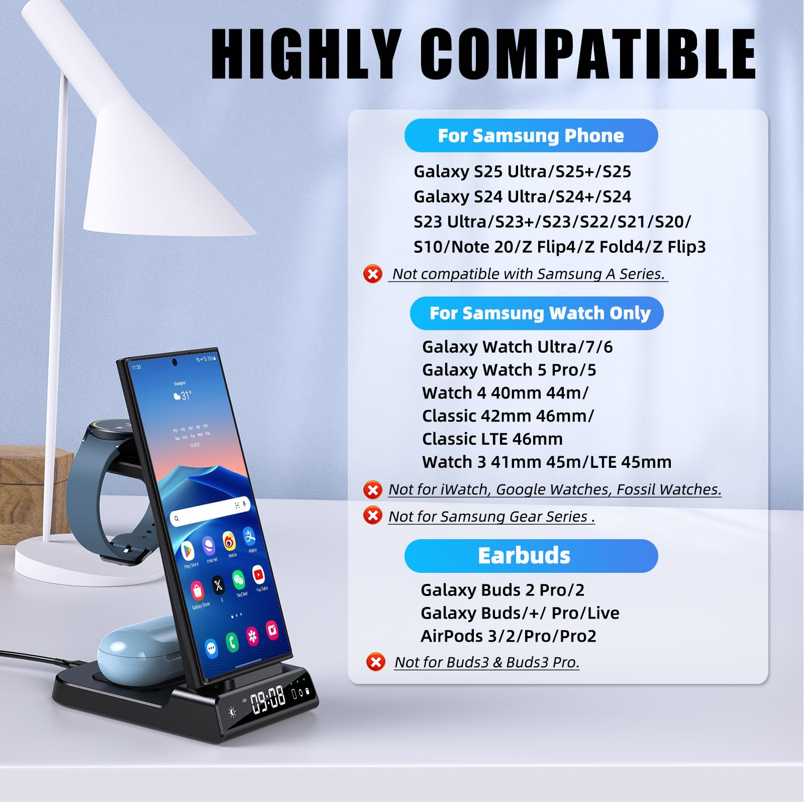 3-in-1 Wireless Charging Station for Samsung Galaxy S25/S24/S23 Ultra, Z Flip 6, Fold 6 & Galaxy Watch Ultra/7/6/5 - Fast Qi-Certified Charger for Phone, Earbuds & Smartwatch (Black) | Perfect for Home, Office & Travel