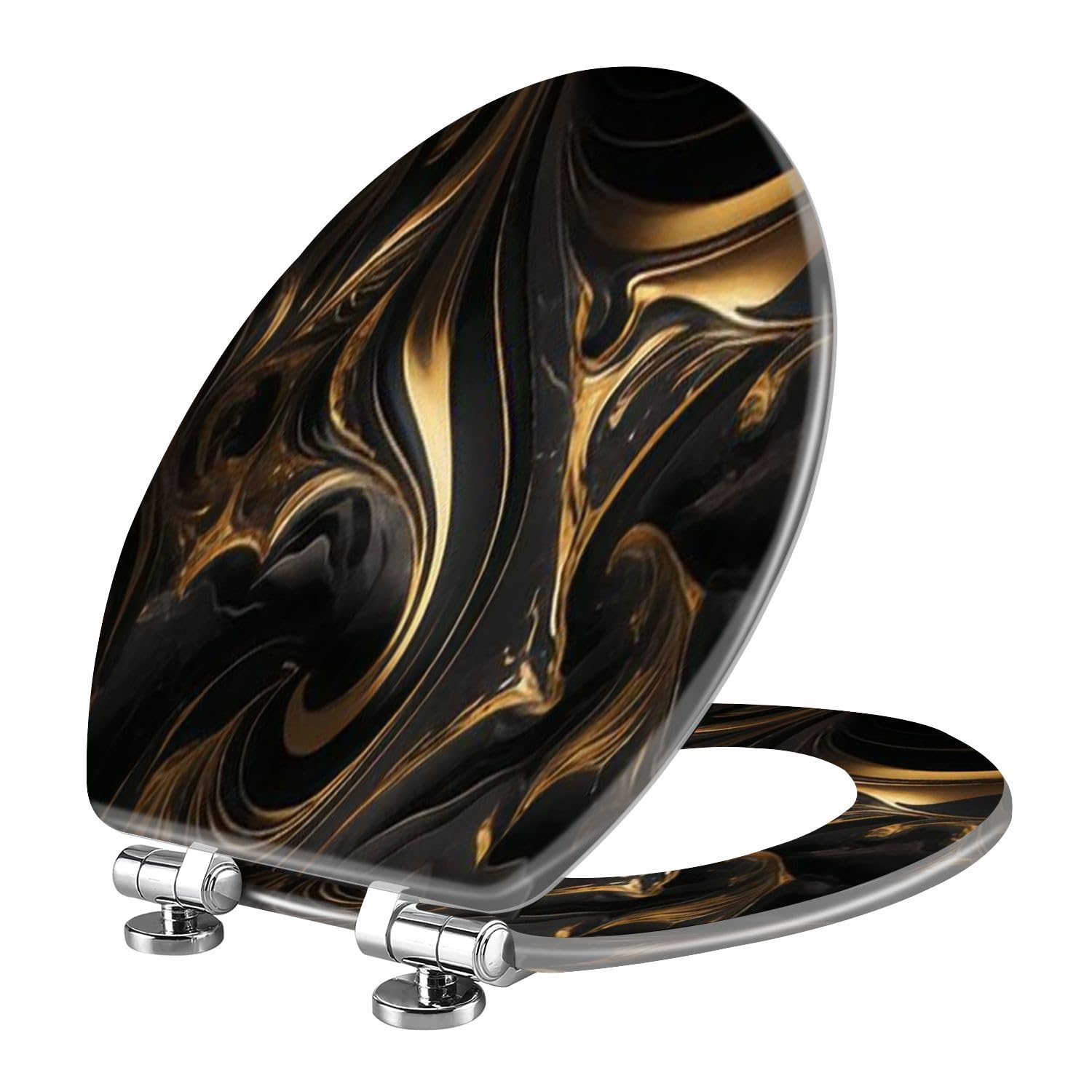 Elongated Toilet Seat with Abstract Marble Fluid Art Design - Black & Gold Resin Toilet Seat Cover | Slow Close, Quiet, Quick-Release Hinges | Easy to Clean & Install | Perfect for Modern Bathrooms, Luxury Homes & Spa Retreats