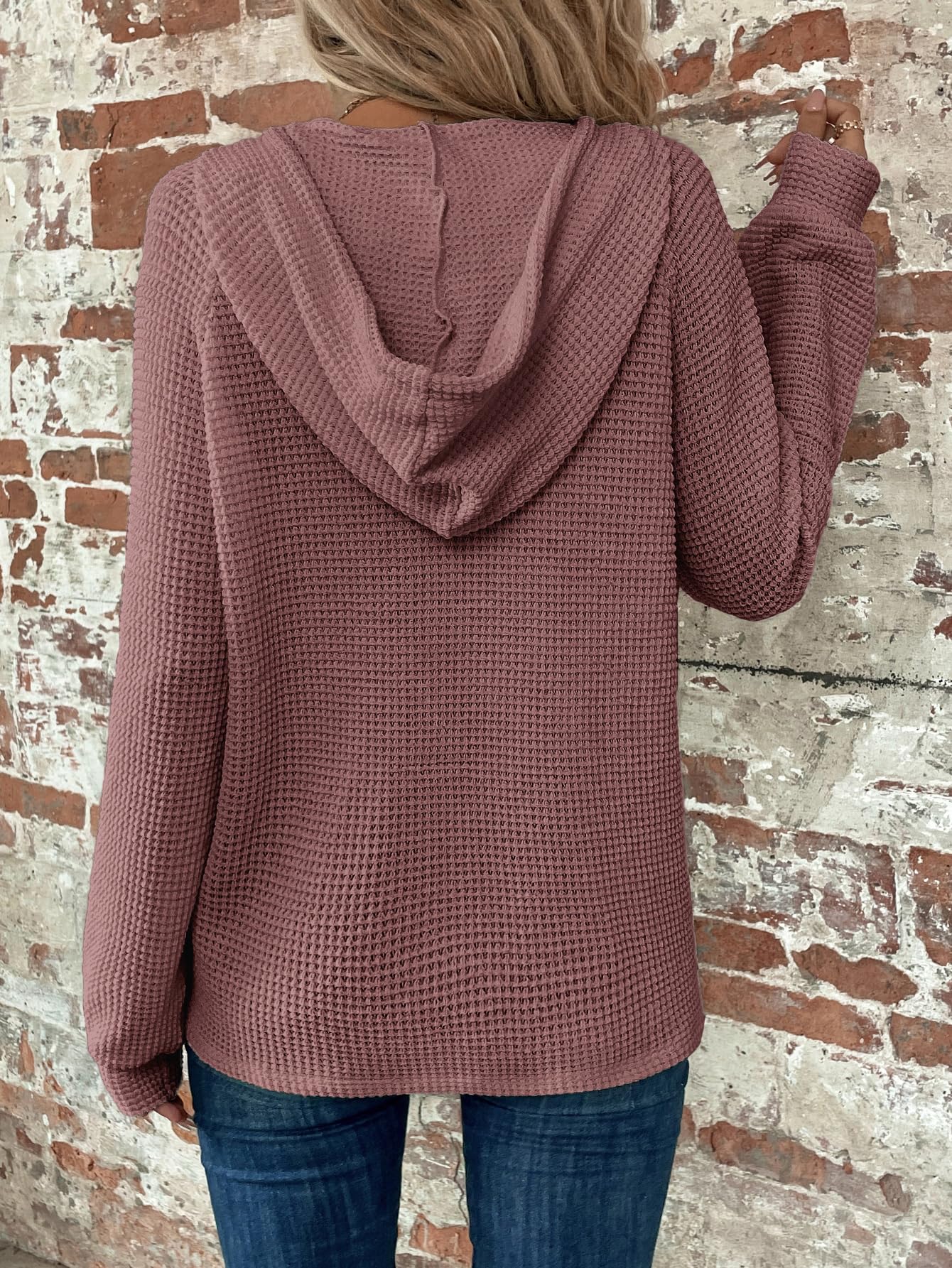 WDIRARA Women's Oversized Hoodies - Soft Waffle Knit Sweatshirt with V-Neck & Button Front - Cozy Pullover for Casual Wear, Loungewear & Fall Fashion