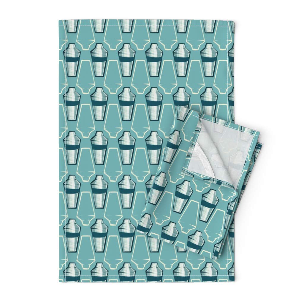 Blue Cocktail Mid Century Modern Retro Atomic Printed Tea Towel - Premium Linen Cotton Canvas Kitchen Towel for Vintage Party & Decorative Use | Dish Drying, Table Setting, Gift Wrapping
