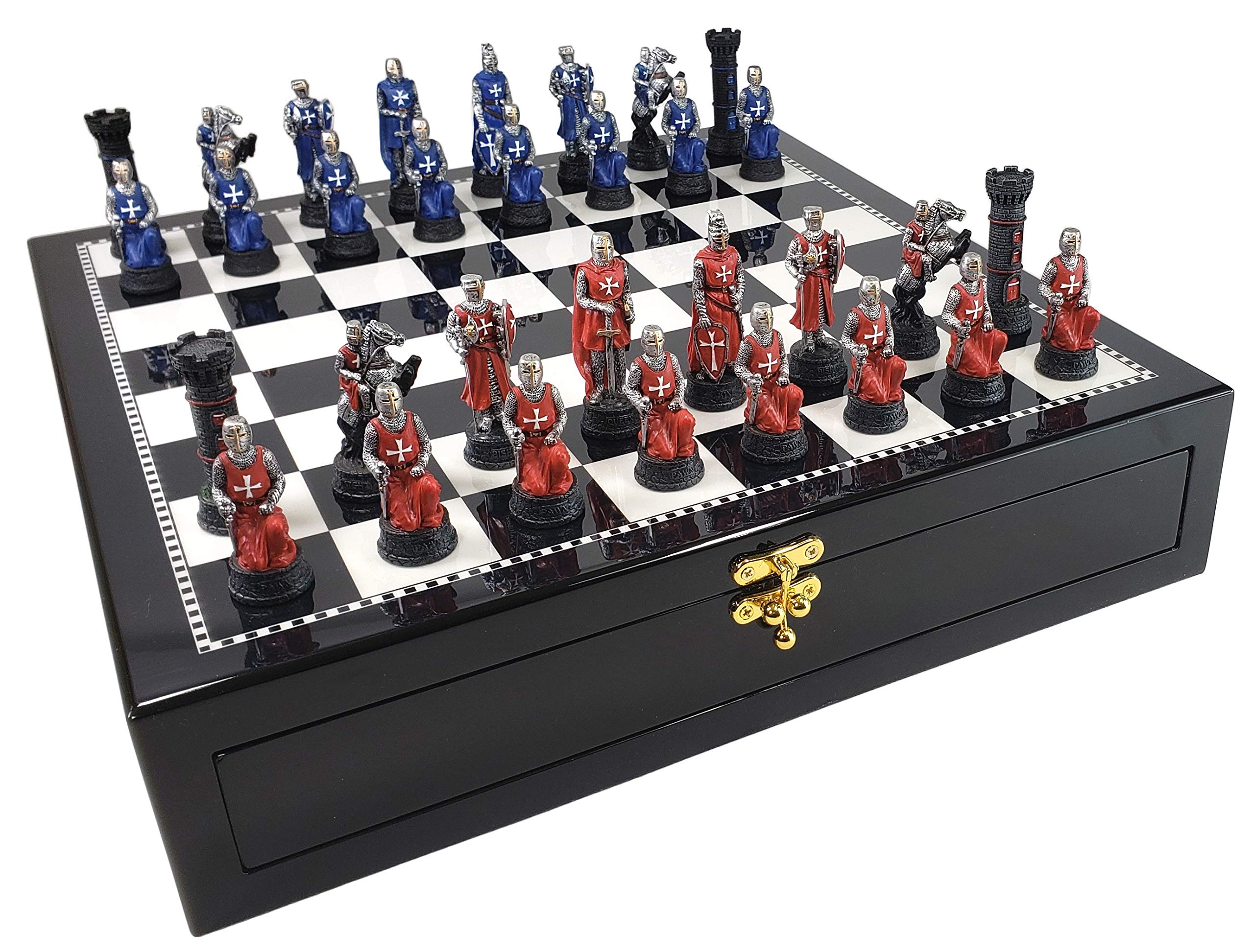 Medieval Crusades Red & Blue Maltese Knights Chess Set - 17 Inch Black & White Storage Board - Perfect for Collectors & Historical Game Enthusiasts
