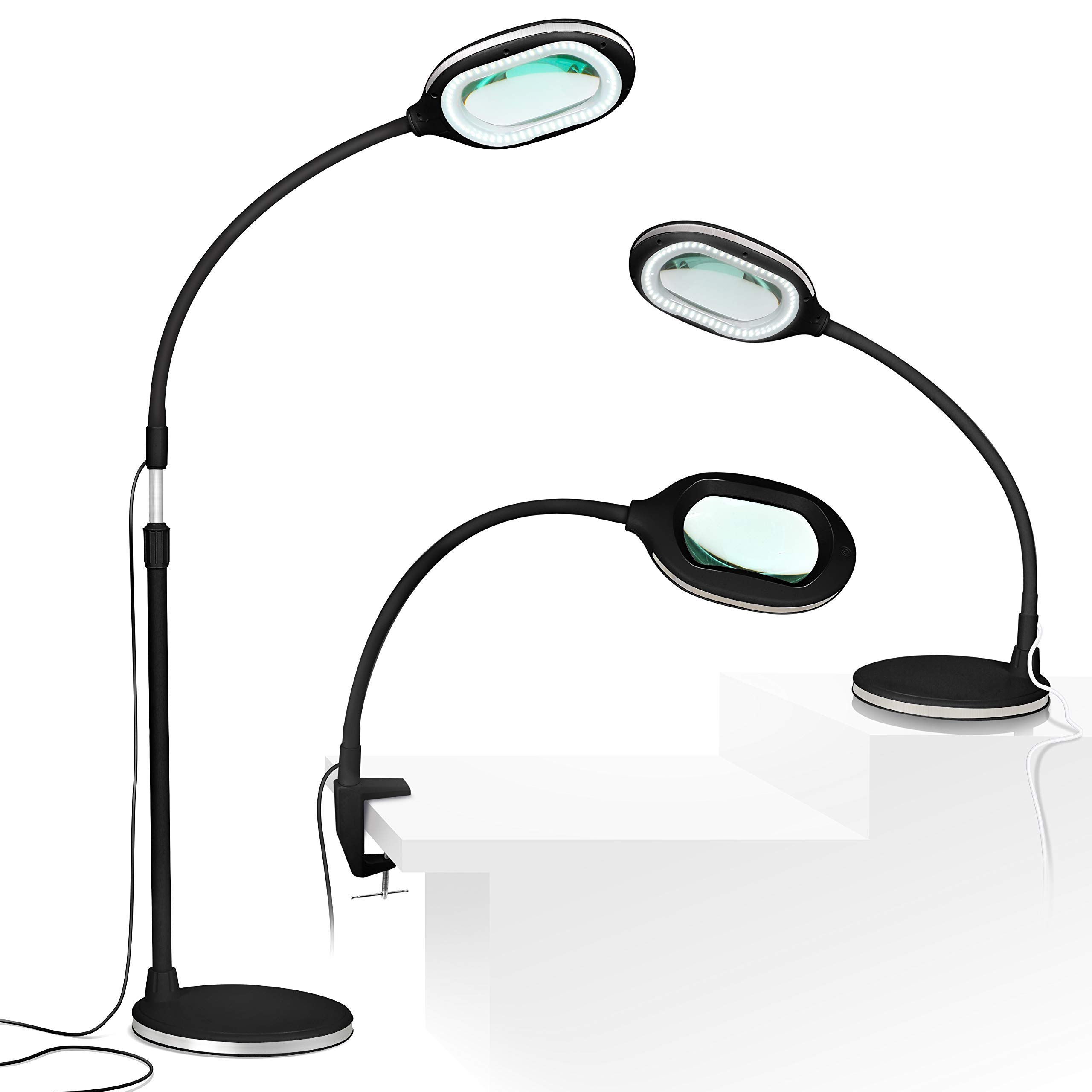 Brightech LightView Pro Magnifying LED Desk Lamp - 3-in-1 Adjustable Floor Lamp with Glass Magnifier for Hobbies, Reading & Professional Work | Durable Flexible Work Light for Crafts, Sewing & Detailed Tasks - Black