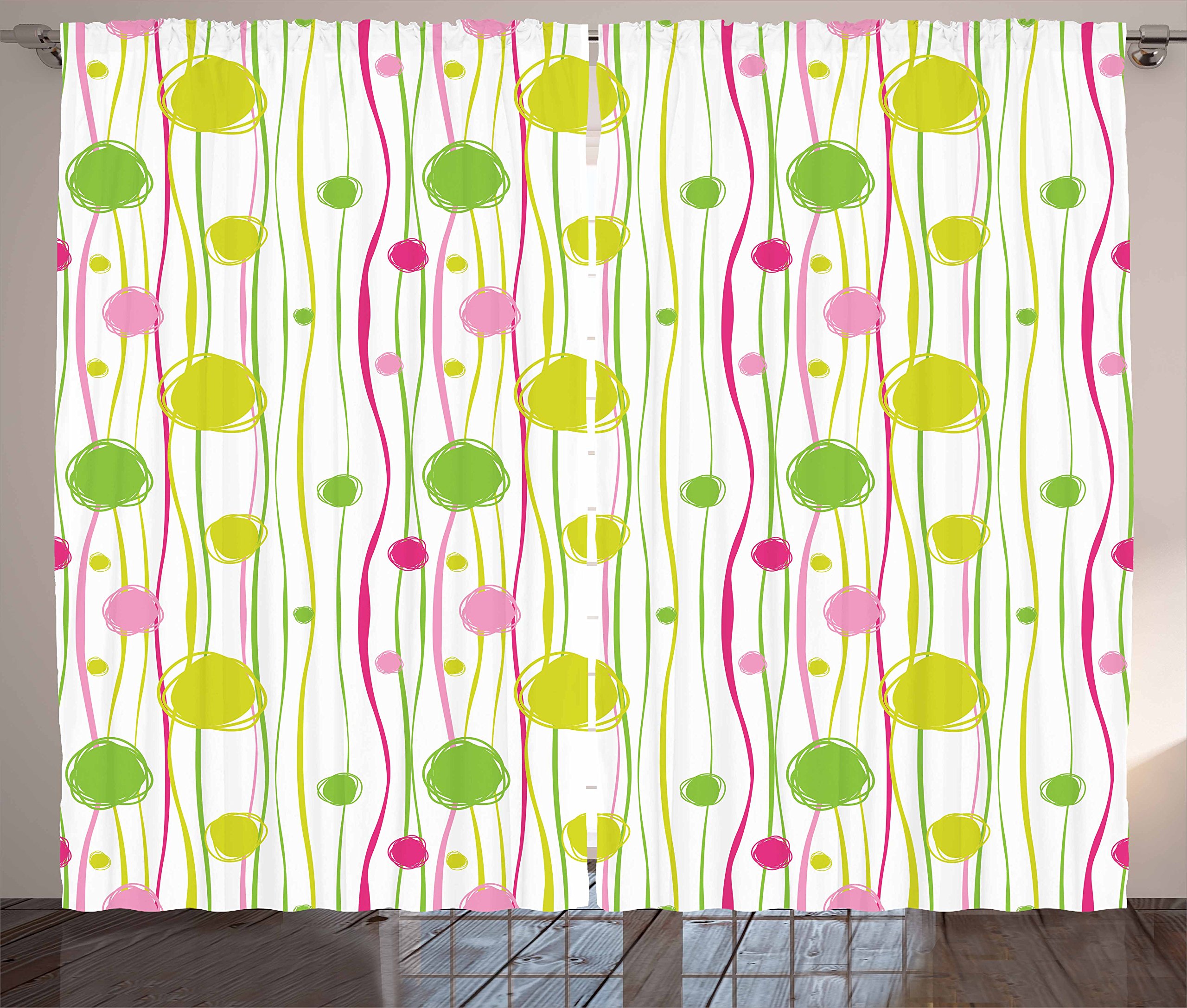 Ambesonne Green and Pink Doodle Style Wavy Stripes & Spots Curtains - 2 Panel Set, 108