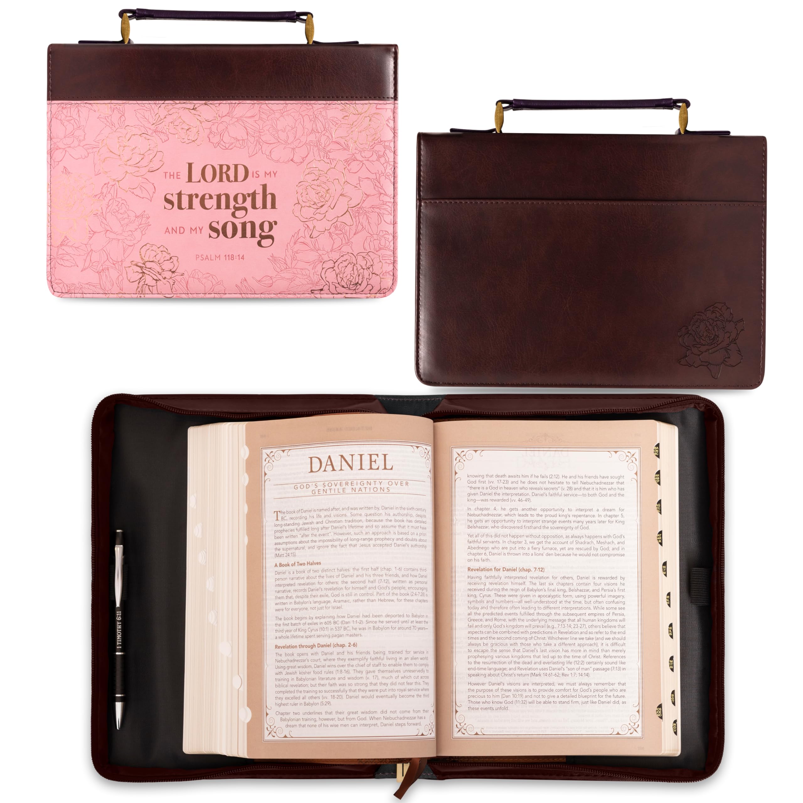 Christian Bible Cover - Faux Leather, Pink, Medium - Psalm 118:14 Rose Design for Women