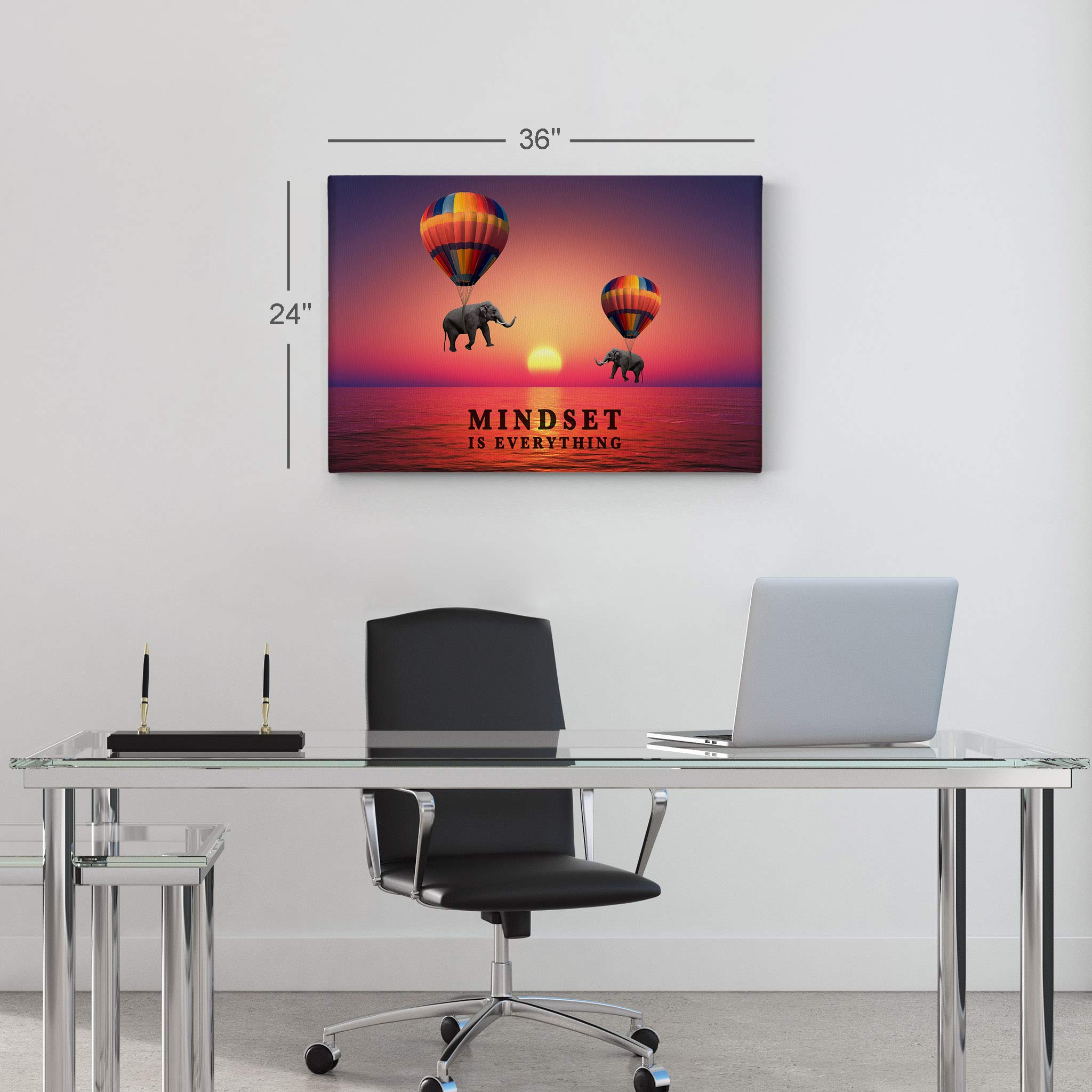 Mindset is Everything Elephant with Balloon Sunset Motivational Canvas Wall Art - Inspirational Office & Living Room Decor - Entrepreneur Quote Print - Ready to Hang 24x36 - Perfect for Home, Office & Gift Giving