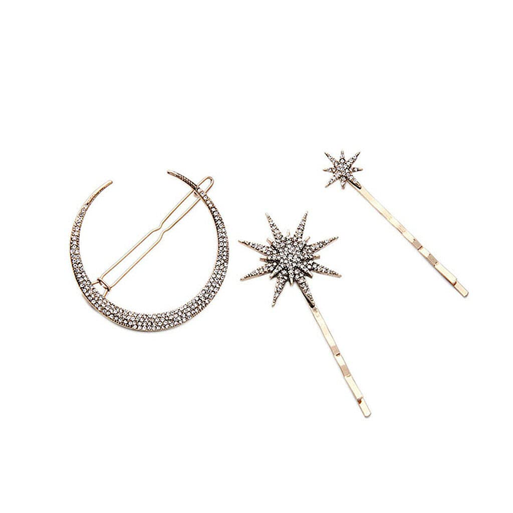 3X Retro Rhinestone Moon Star Hair Clips for Women - Vintage Style Hair Barrettes & Hairpins - Perfect for Parties, Weddings, and Everyday Glam Accessories