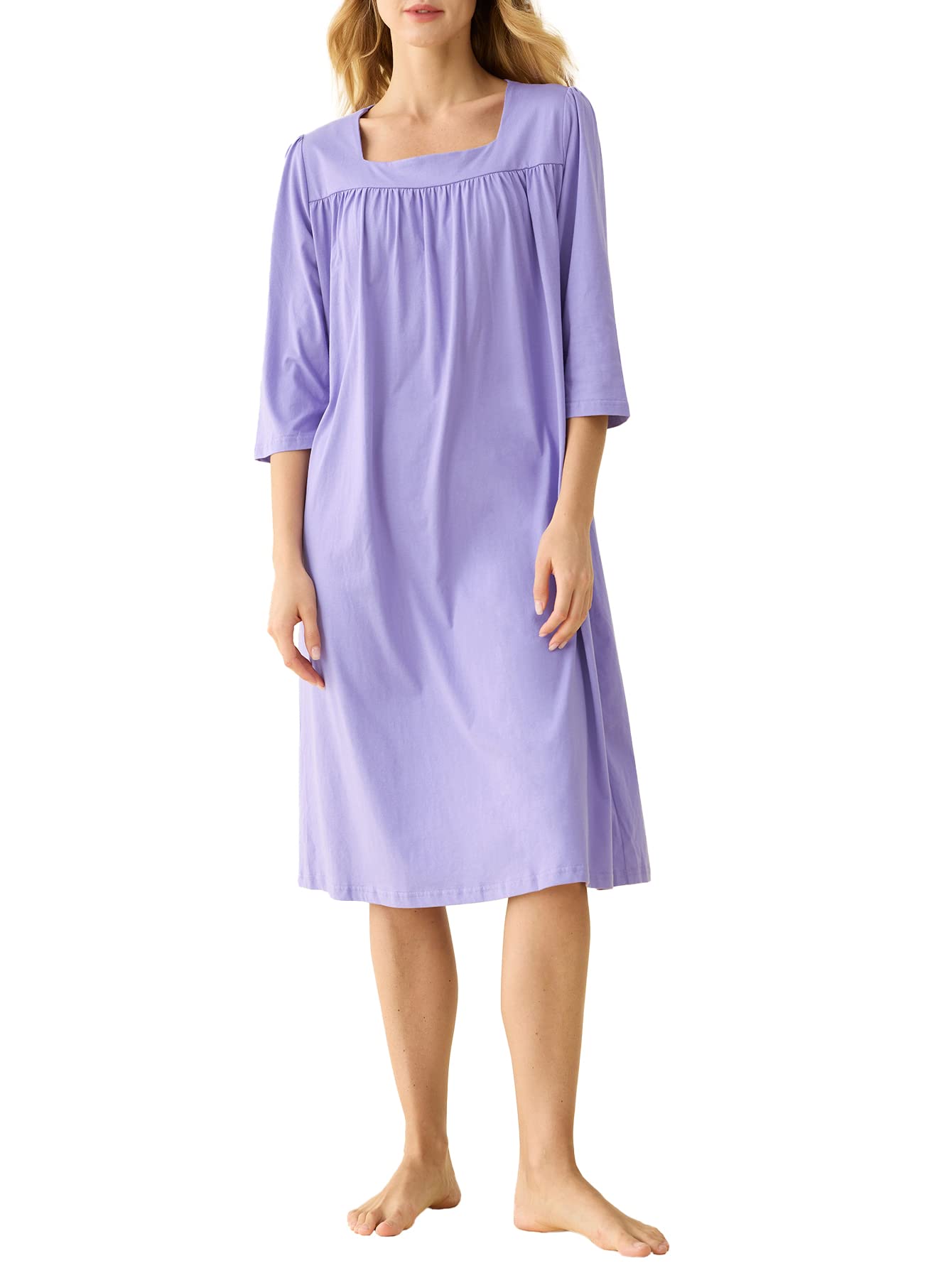 Comfortable Women's Cotton Nightgown with 3/4 Sleeves & Pockets - Soft Sleepwear & Loungewear for Relaxing at Home
