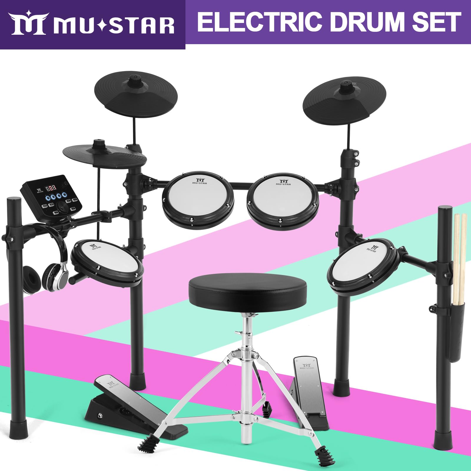 MUSTAR 10-Piece Electronic Drum Set with 450 Sounds, Mesh Drum Pads, 2 Choke Cymbals, Kick Drum, Pedals, Headphones & Sticks - USB MIDI Compatible for Home Practice, Studio Recording & Live Performances