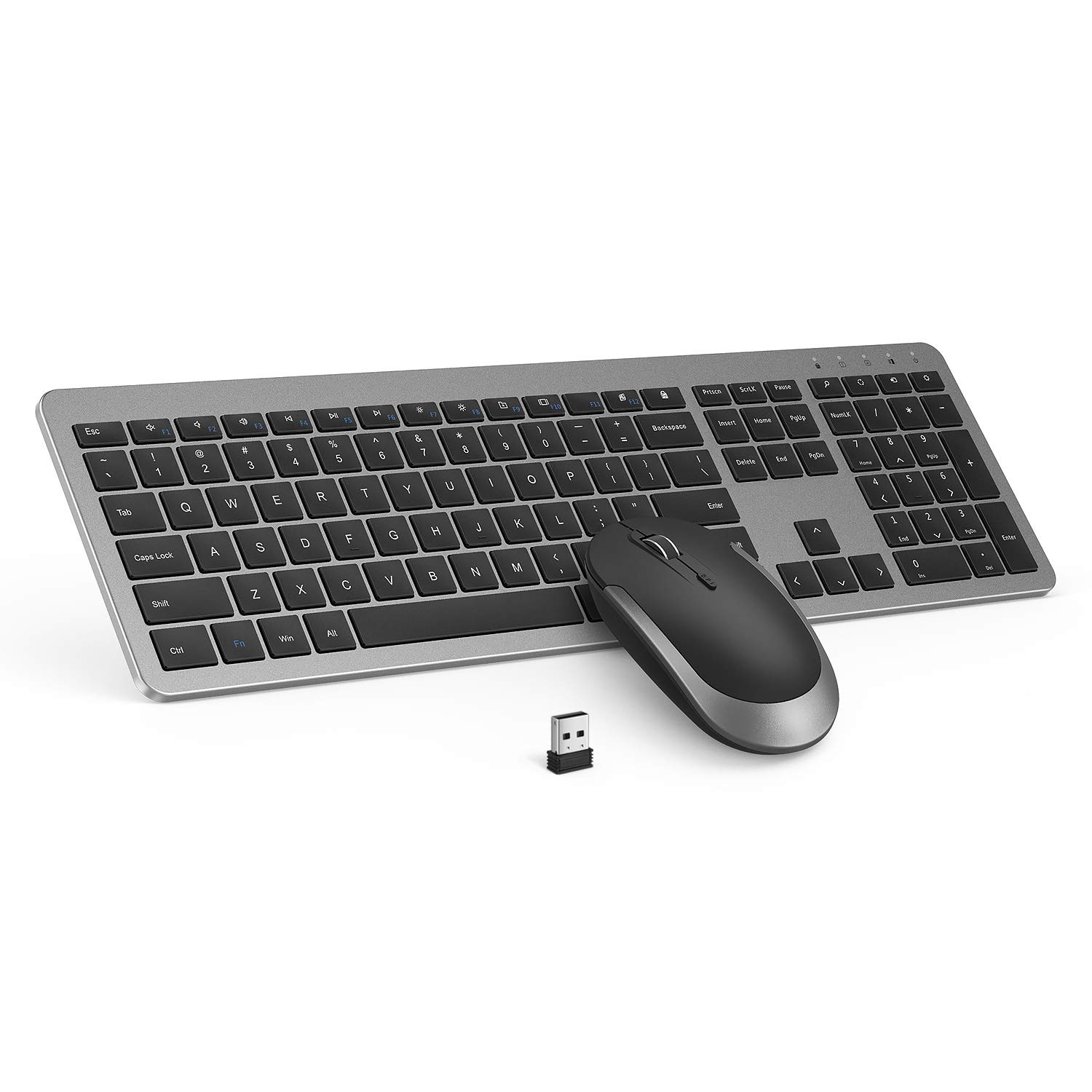 Slim Wireless Keyboard and Mouse Combo with Numeric Keypad - 2.4G Ergonomic Full-Size Keyboard & Adjustable DPI Mouse (Grey/Black) for Office, Home, Gaming & Remote Work