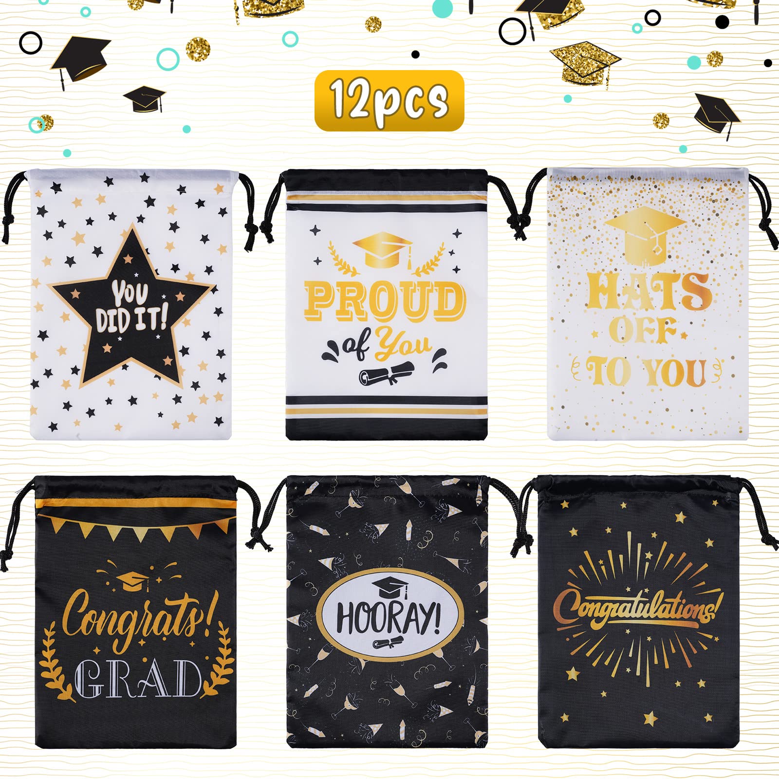 12 Pack Graduation Gift Bags with Drawstrings - Jewelry Pouches for College, High School & Middle School Graduation Supplies - Perfect for Party Favors, Diploma Holders & Graduation Ceremonies