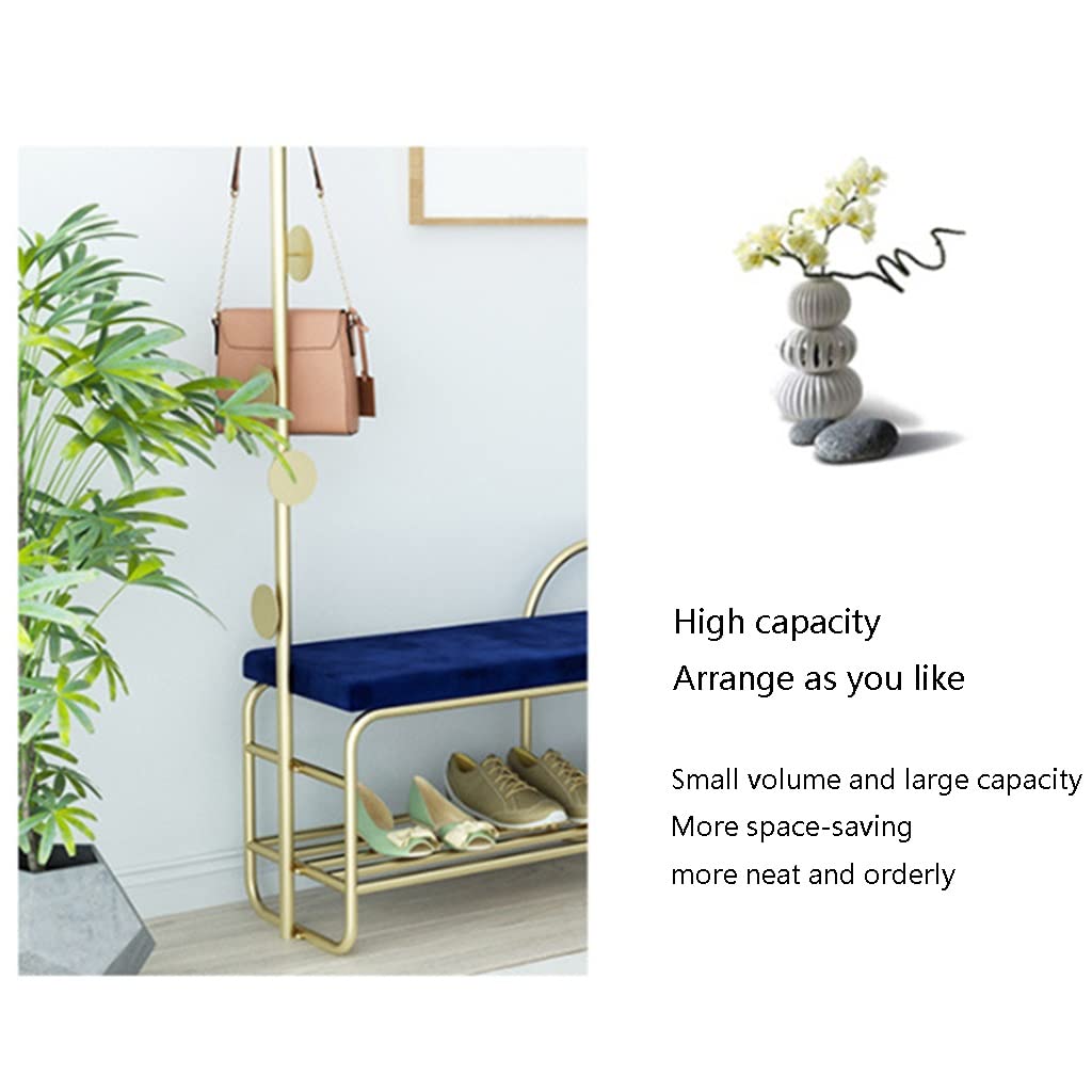 Industrial Metal Frame Entryway Hall Tree - Large Coat Rack with Shoe Bench, 5 Hooks & Storage Shelf for Clothing, Jackets & Shoes - Perfect for Living Room, Bedroom & Entryway Organization (Gold+Blue, 80x35x175cm) - Ideal for Small Spaces & Home Decor