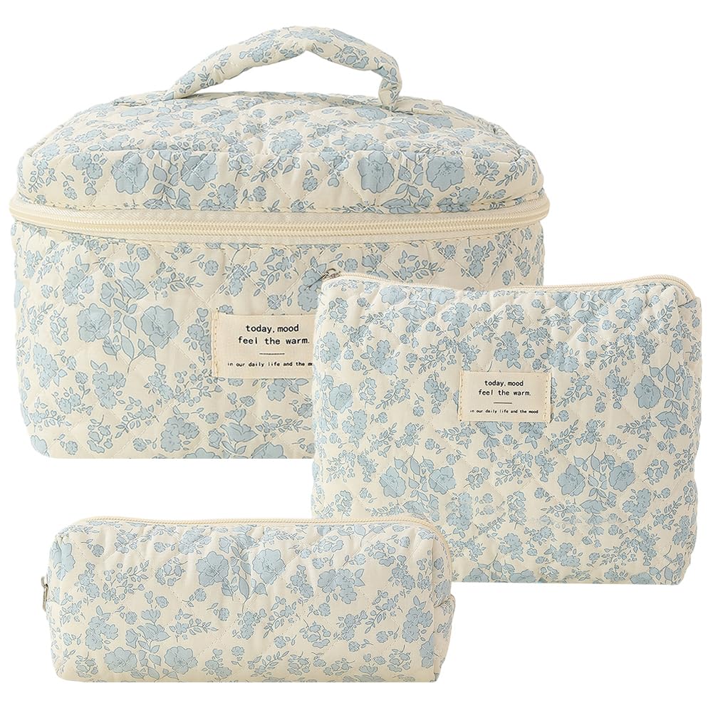 JQWSVE Floral Coquette Makeup Bag - Large Cotton Quilted Cosmetic Pouch for Travel, Toiletries & Essentials | Aesthetic Cute Design for Women & Teens | Perfect for Vacation, Gym, Daily Use & Gift Giving