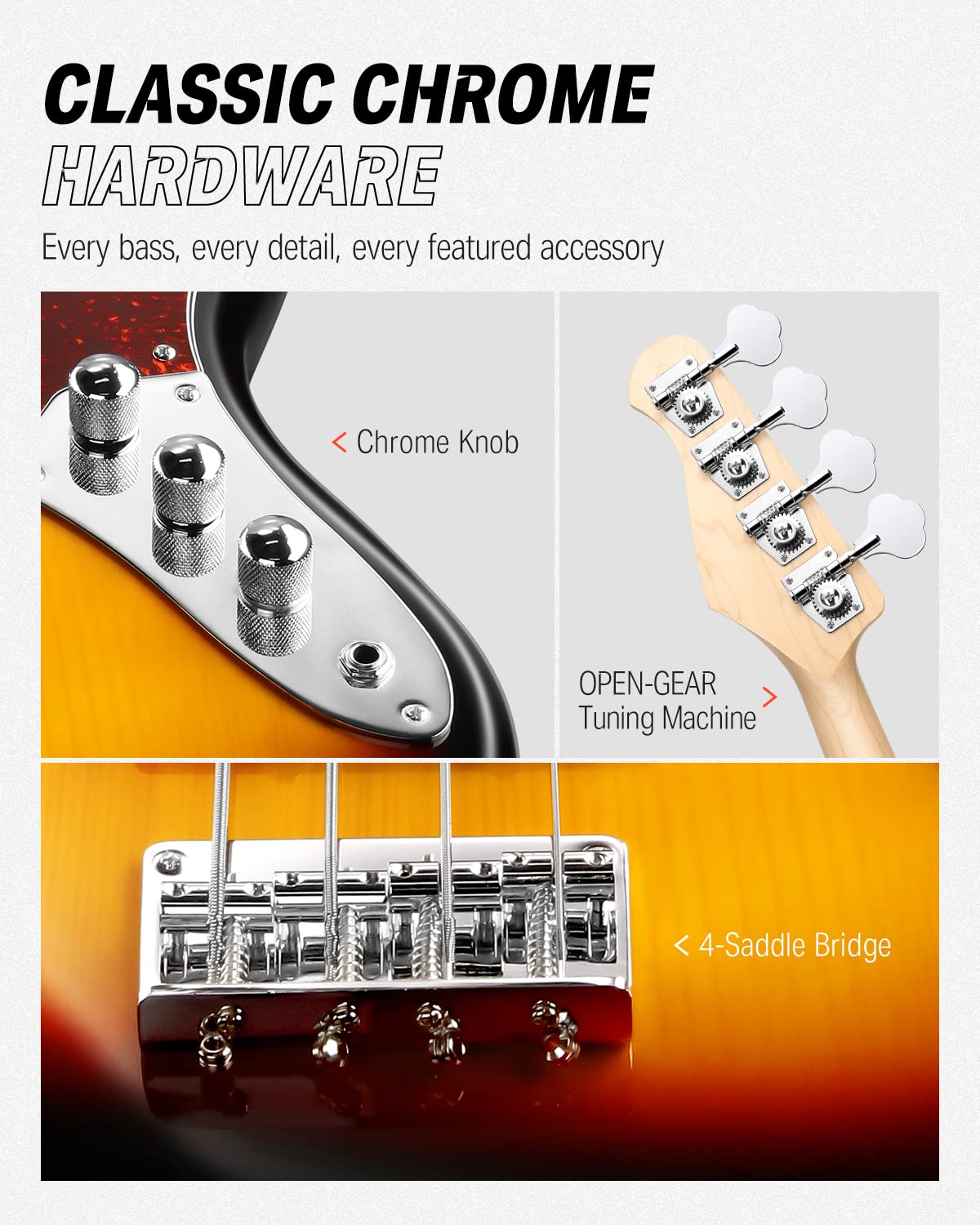 Donner DJB-510 4-String Full Size Electric Bass Guitar Kit for Beginners - Sunburst JB-Style Bass with Gig Bag, Strap, Cable & Free Online Lessons | Perfect for Practice, Recording & Live Performances
