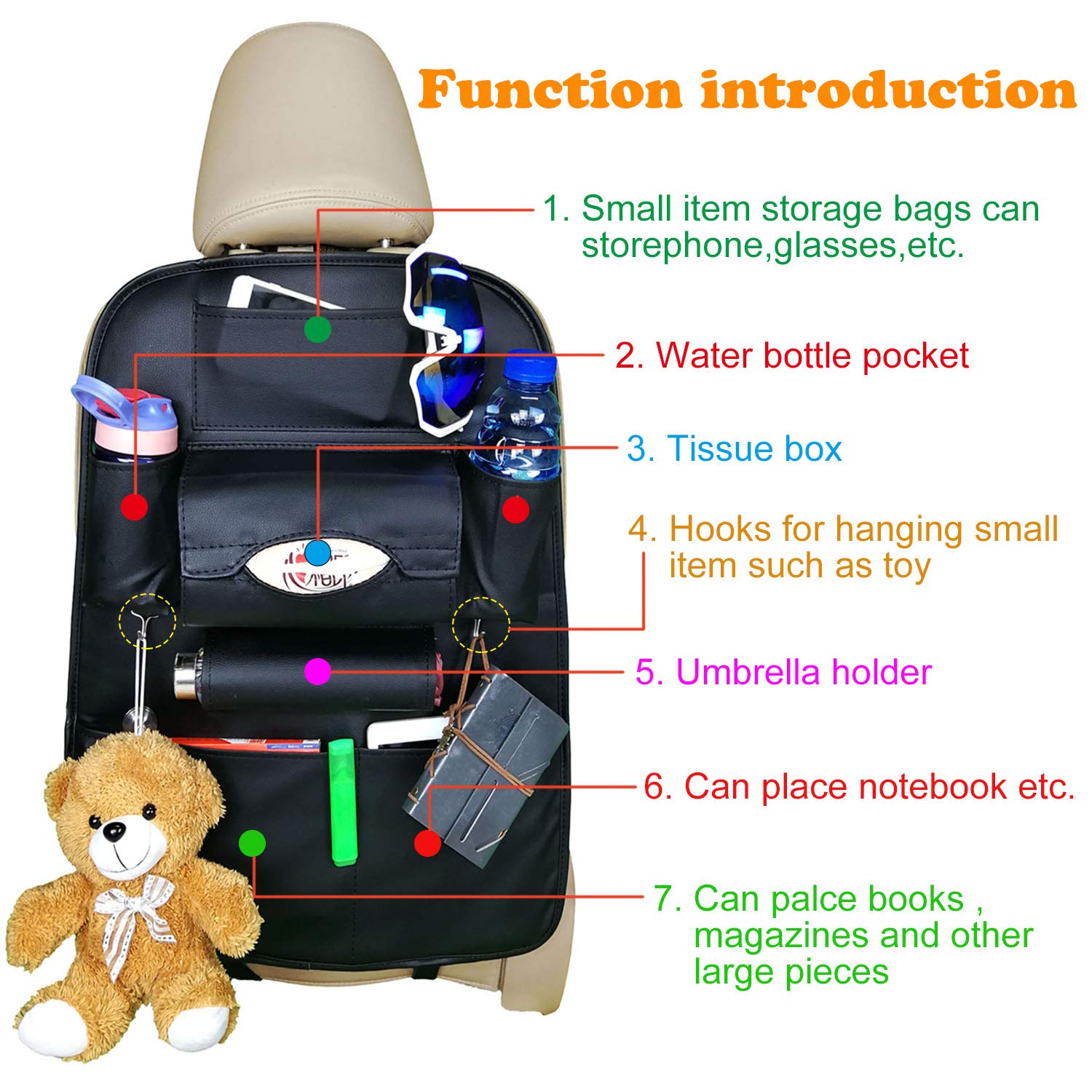 Premium PU Leather Car Backseat Organizer with 7 Storage Pockets - Waterproof Seat Back Protector for Kids Toys, Bottles & Travel Essentials - Ideal for Family Road Trips & Daily Commutes (1 Pack)