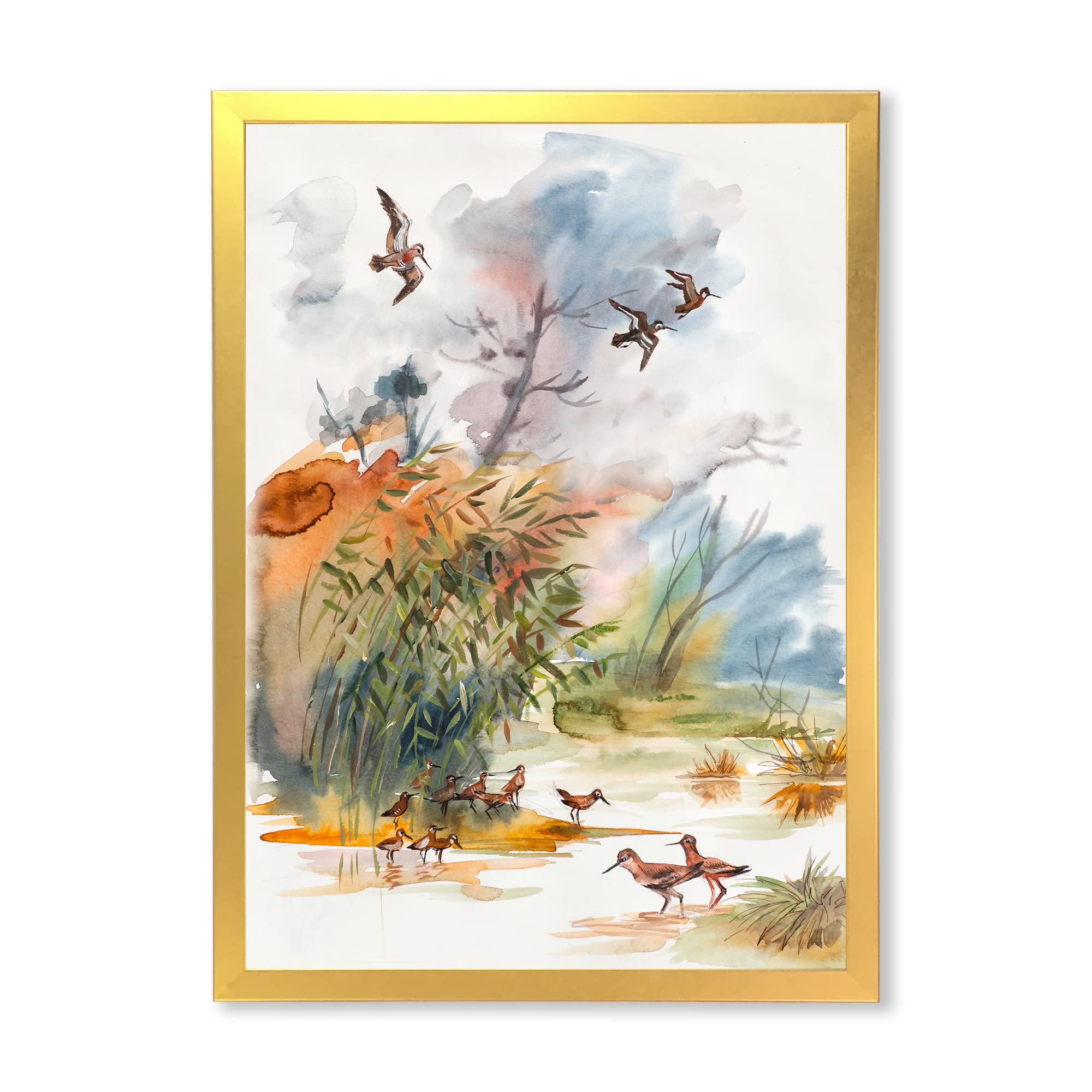 Autumn Landscape Flying Over Water - Traditional Framed Wall Art for Living Room, Bedroom & Office Decor