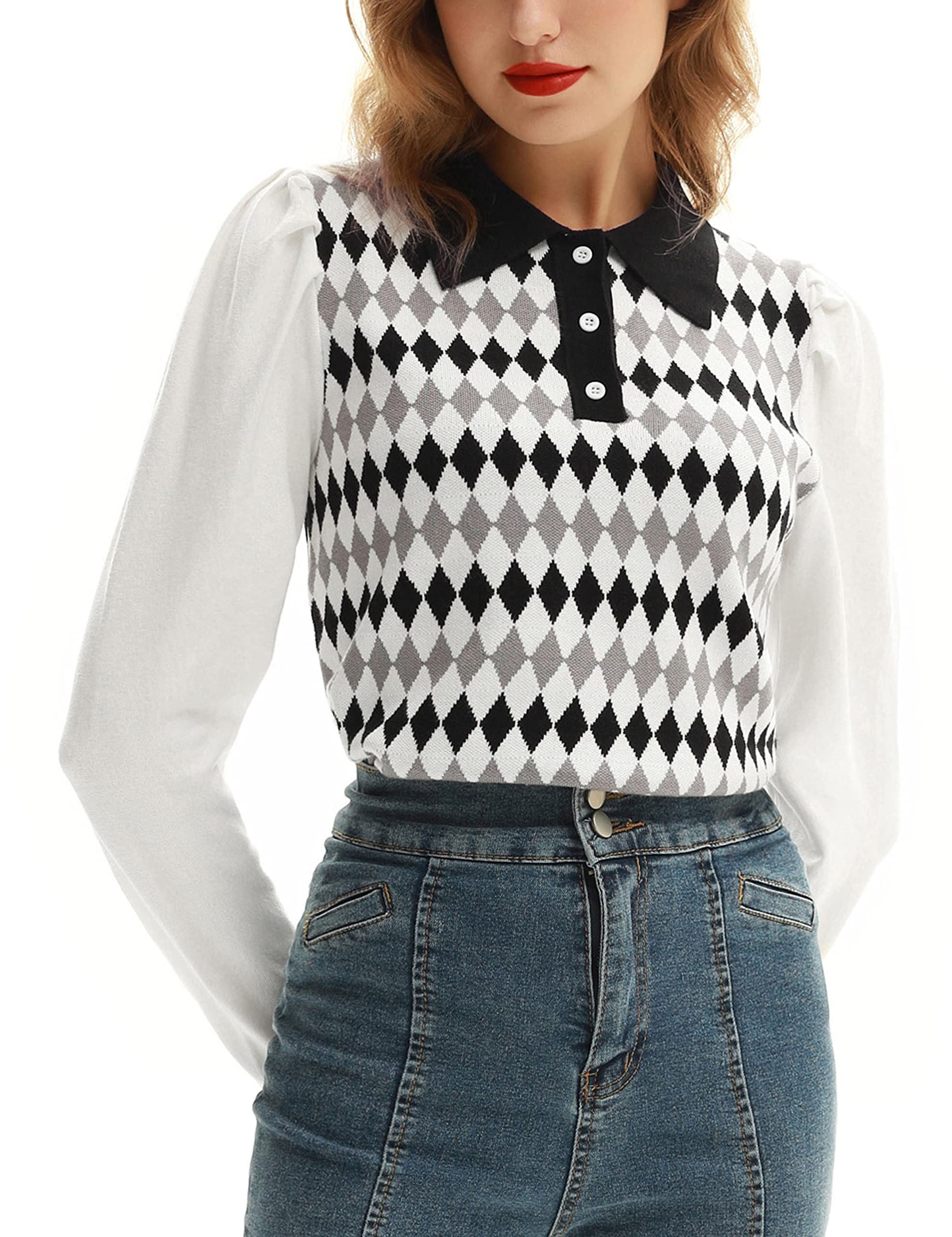 Belle Poque Vintage Puff Sleeve Long Sleeve Crewneck Polo Sweater for Women | Casual Fall Winter Pullover Knit Top | Perfect for Office, Dating & Holiday Outfits
