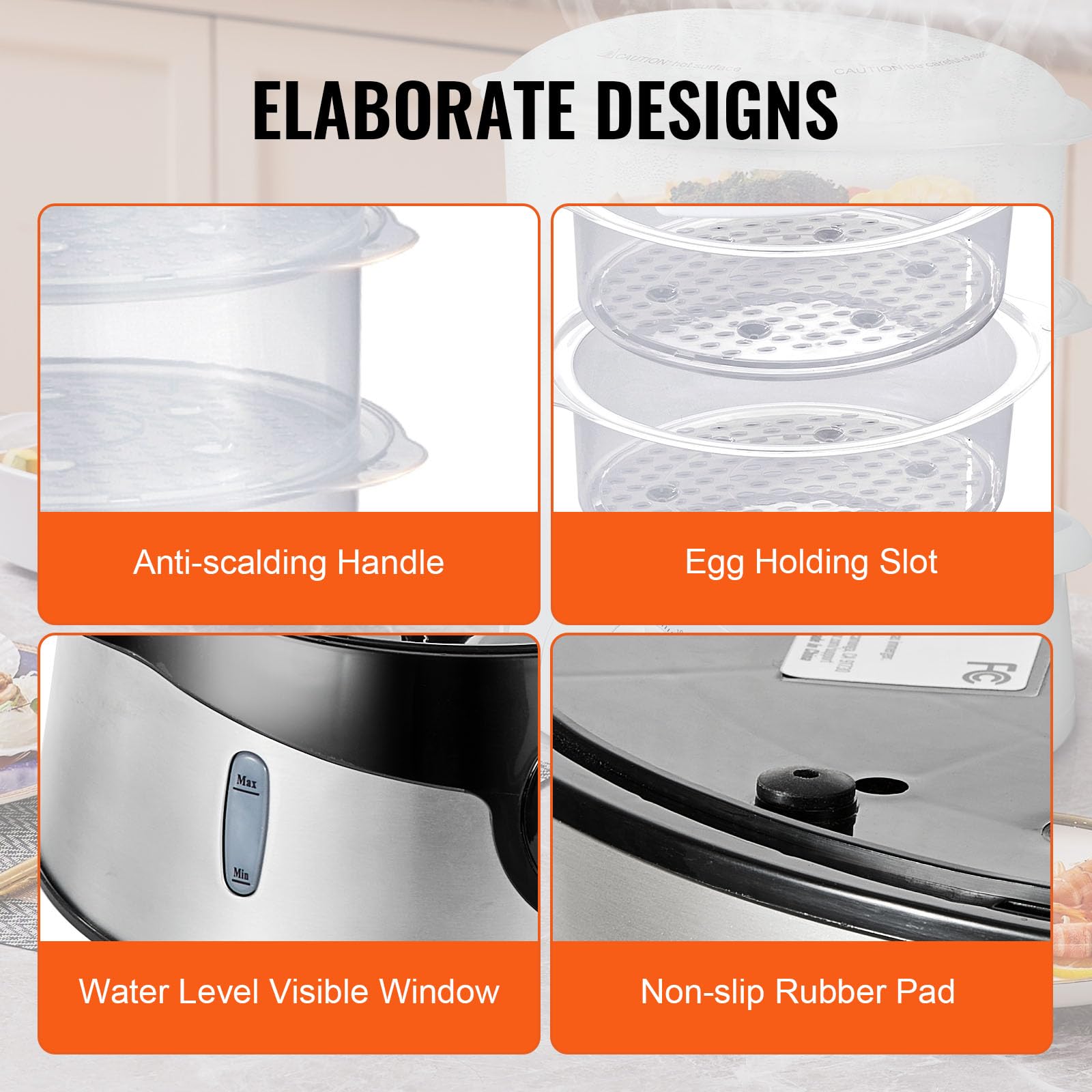 VEVOR 9.5Qt Electric Food Steamer with 3-Tier Stackable Trays - 800W Vegetable & Meat Steamer with 60 Min Timer, Auto Shut-Off & Boil Dry Protection - Perfect for Healthy Cooking, Meal Prep & Large Families