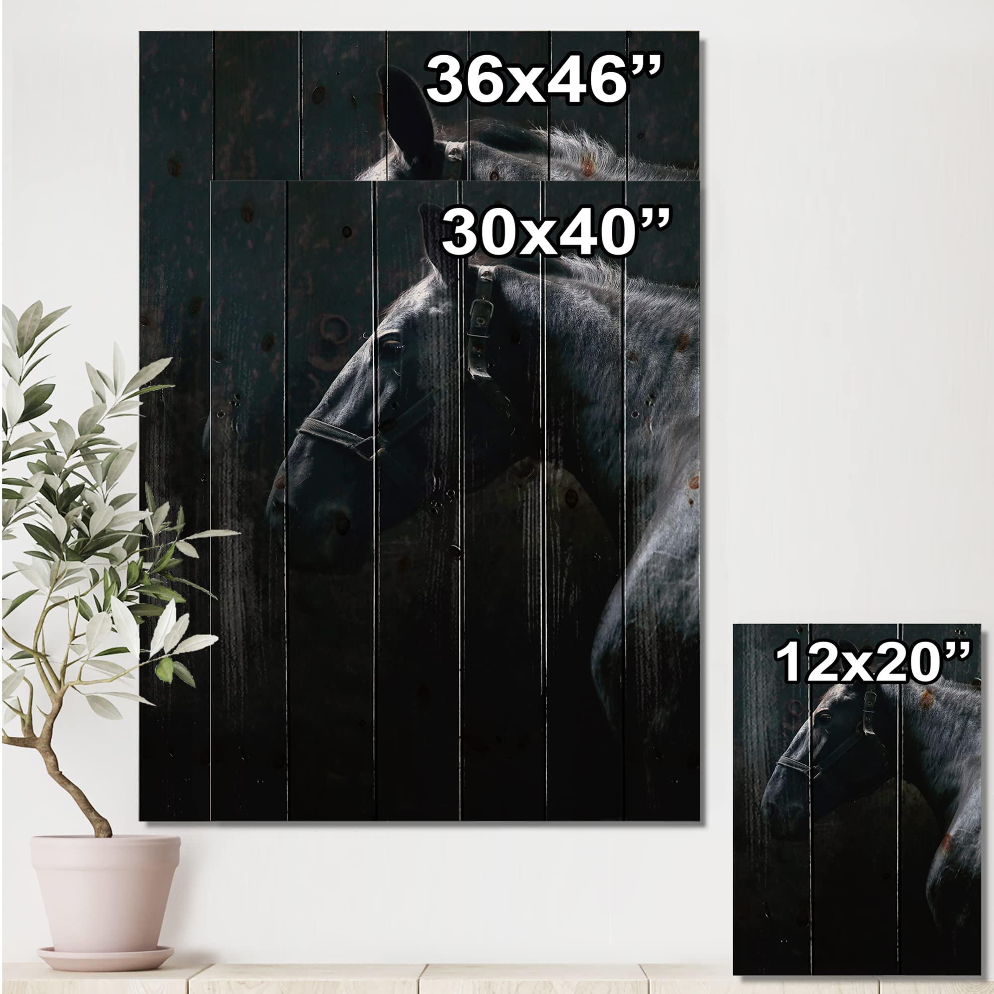 DesignQ Thoroughbred Nonius Stallion Horse II Farmhouse Wood Wall Art - Black Large Animal Wall Decor Printed on Natural Pine Wood - Perfect for Living Room, Bedroom, or Country Home Decor