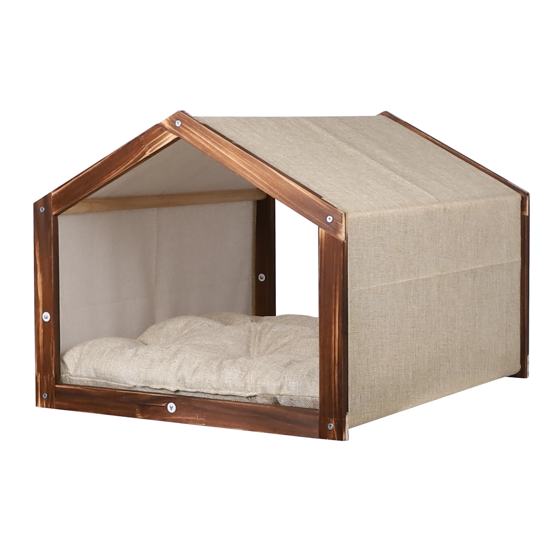 Wooden Frame Dog House for Small Dogs & Cats - Indoor Pet House with Soft Fabric Cushion (Beige) | Perfect for Living Room, Bedroom & Patio Use