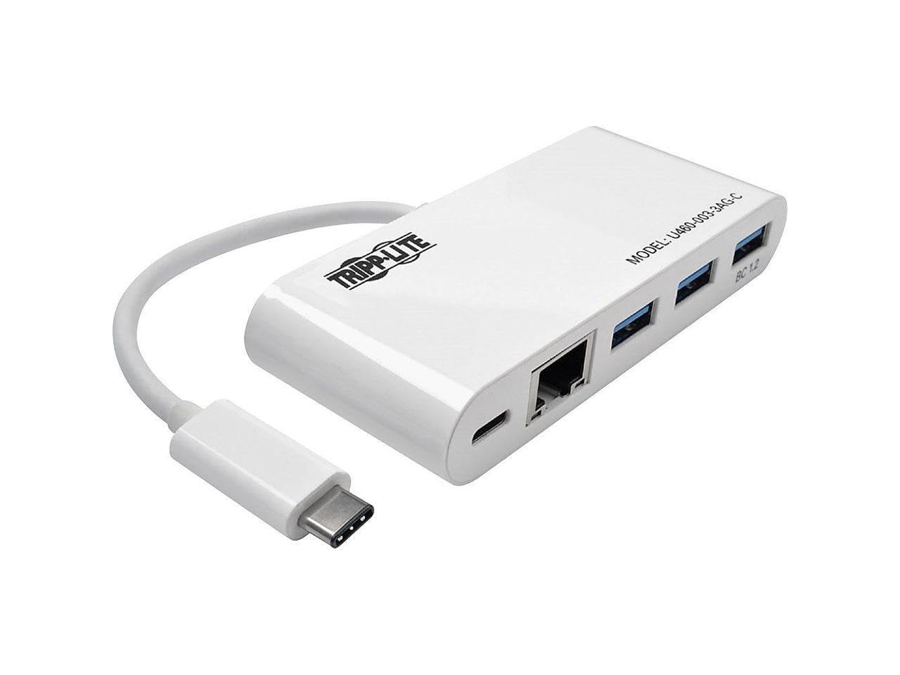 Tripp Lite U460-003-3AG-C 3-Port USB-C & USB-A Hub with Gigabit Ethernet, Power Delivery Charging - Portable USB-C Adapter for Laptop, MacBook, iPad Pro - White | Home Office & Travel Accessory