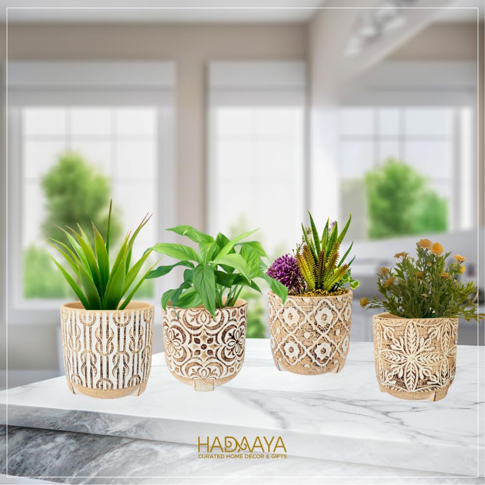 Set of 4 Modern Beige Ceramic Succulent Plant Pots with Drainage Holes - Elegant Indoor Small Planters for Home Decor, Office Desk, Windowsill & Gift Giving